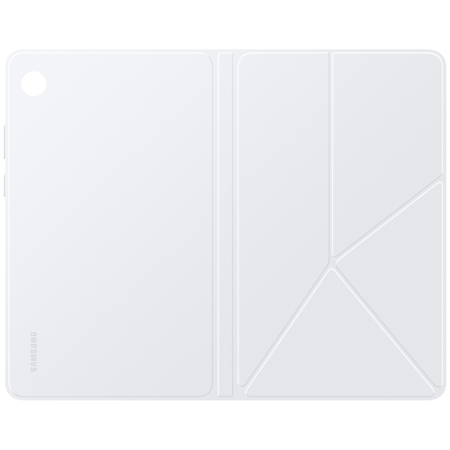 Housse de tablette blanche avec la marque Samsung. La housse est ouverte, affichant un design segmenté avec un trou circulaire.