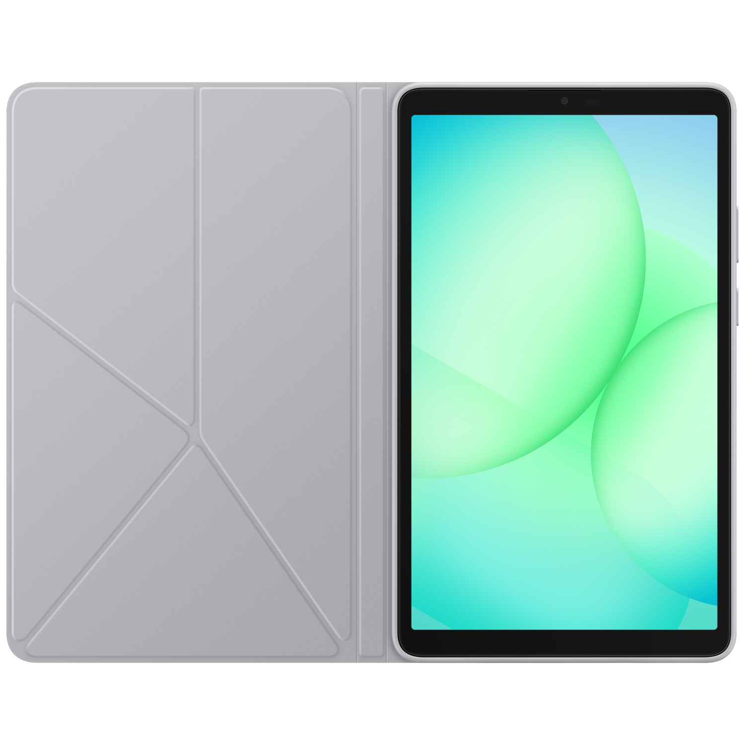 Tablette avec une housse grise ouverte. L'écran affiche des cercles dégradés verts et bleus. La housse est gris clair.