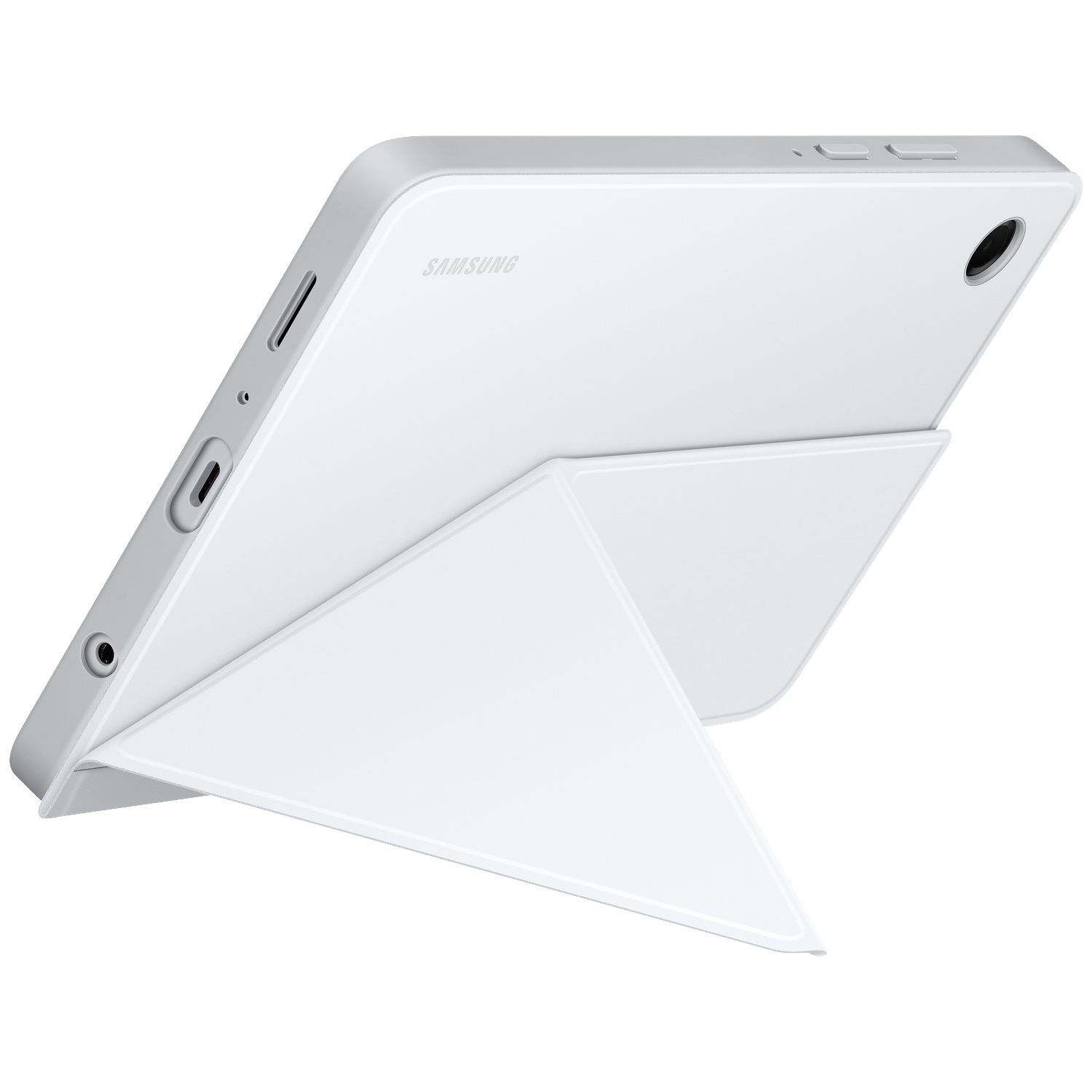 Une tablette Samsung blanche avec une housse blanche. La tablette est soutenue par la housse. La housse est de forme triangulaire.
