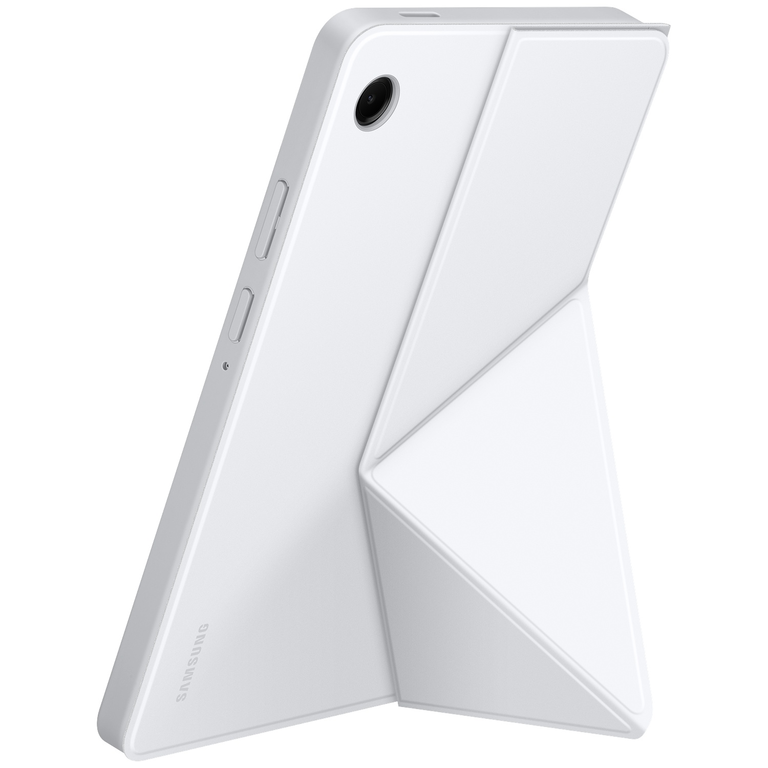 Une tablette blanche avec une housse blanche est inclinée. La housse forme un support. Le logo Samsung est visible.