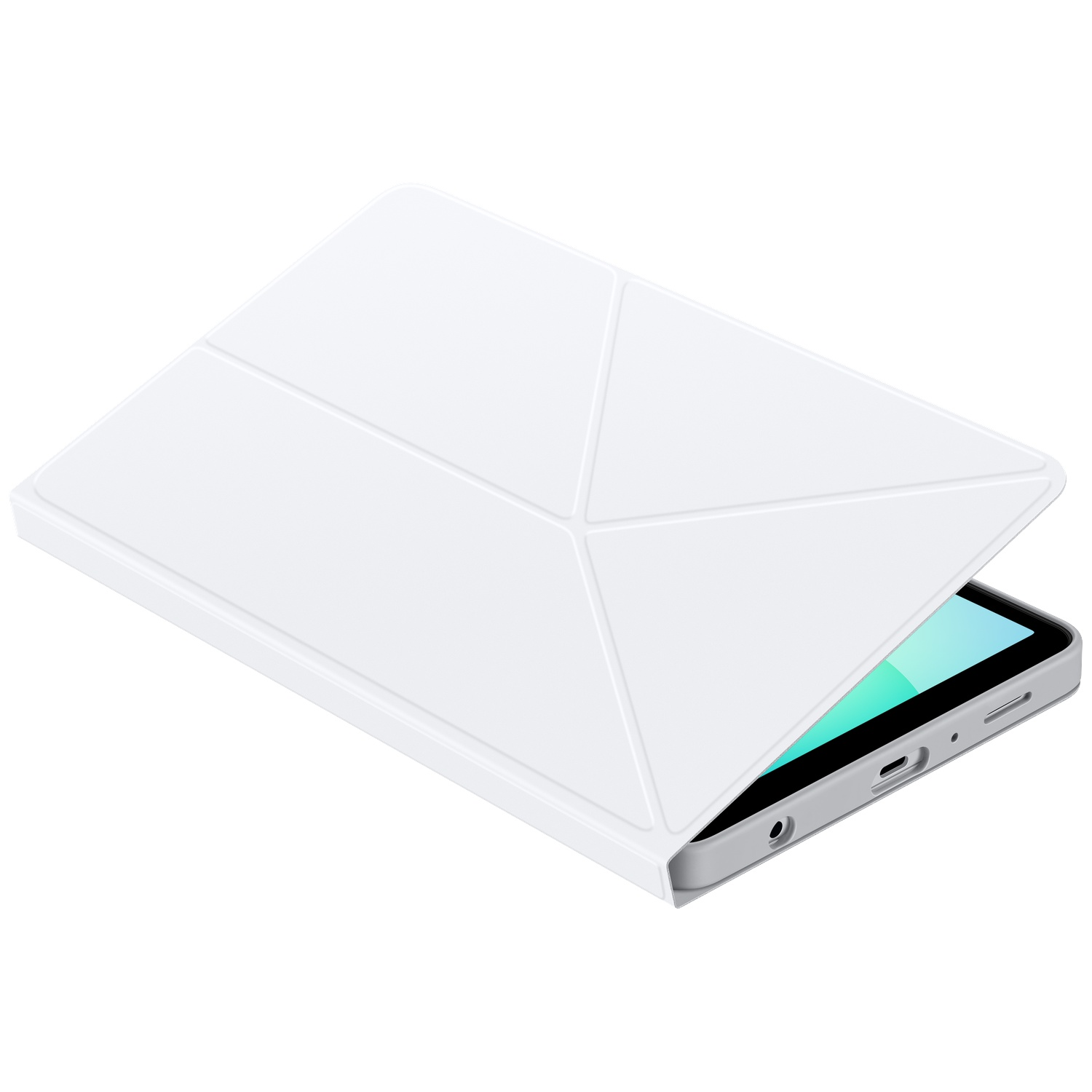 Tablette blanche avec une coque blanche partiellement ouverte, révélant l'écran. La tablette est sur fond blanc.