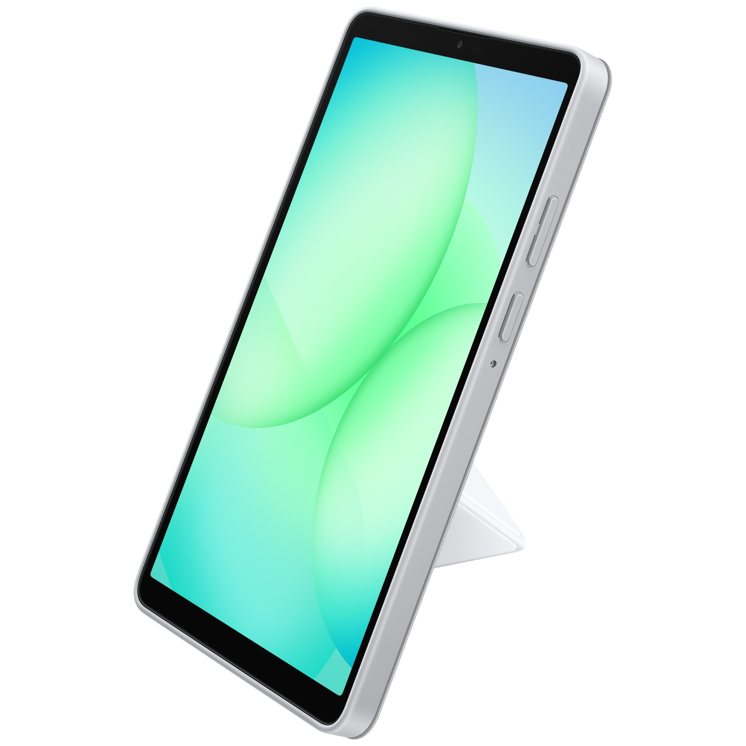 Une tablette argentée légèrement inclinée, affichant un écran dégradé vert et bleu, soutenue par un support blanc, sur fond blanc.