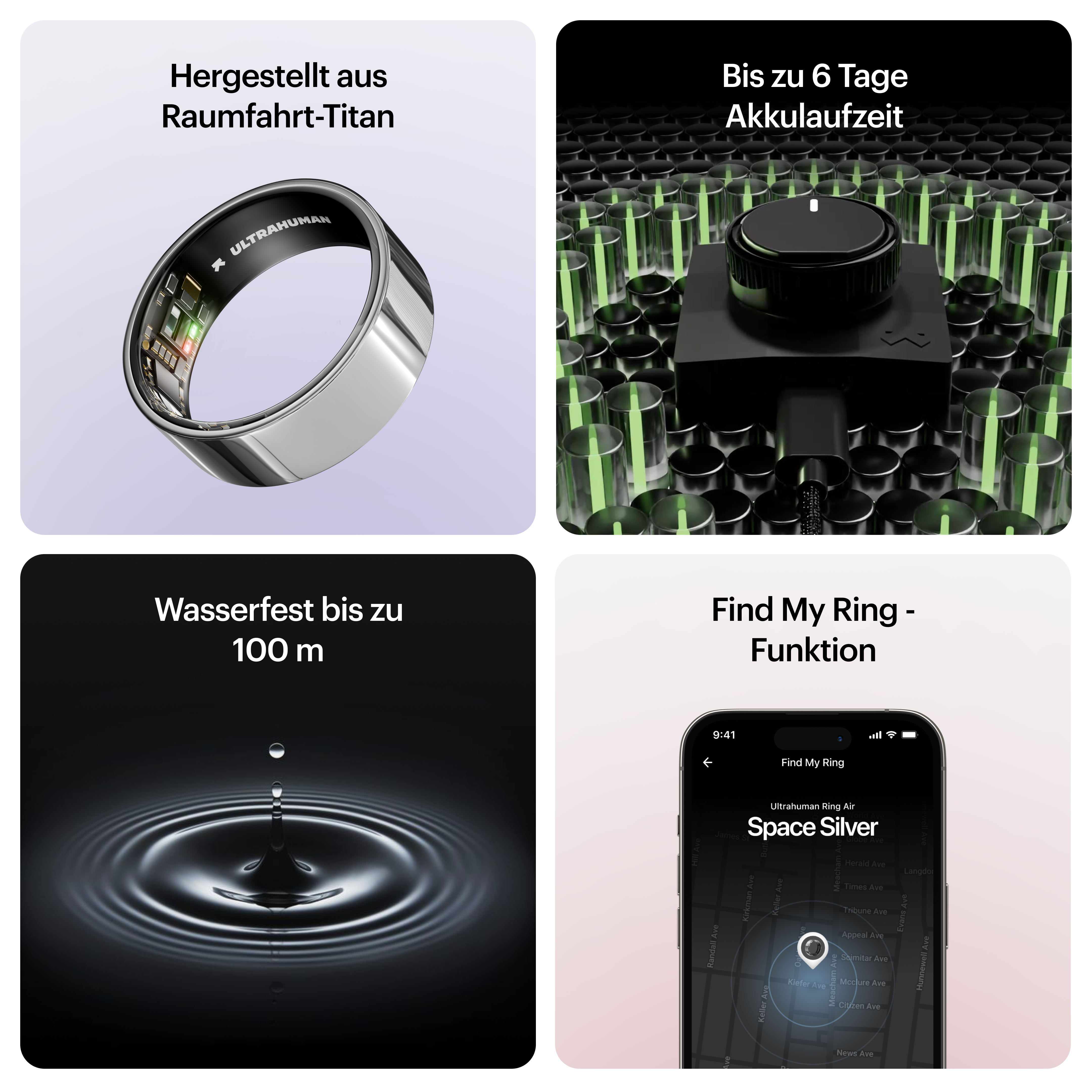 Das Bild zeigt einen Ring, ein Netzteil, einen Wassertropfen und einen Telefonbildschirm mit einer Karte.
