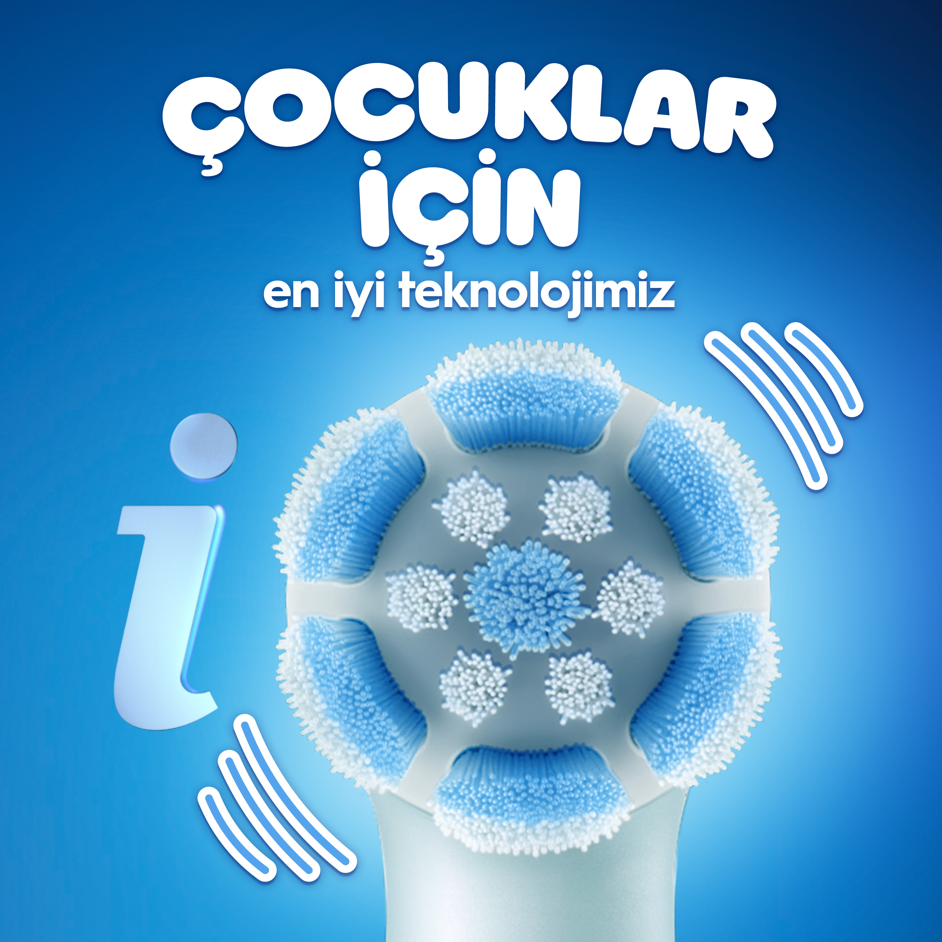Görsel, mavi ve beyaz kıllı bir diş fırçası başlığını gösteriyor. Metin Türkçe olarak 'Çocuklar İçin' diyor.
