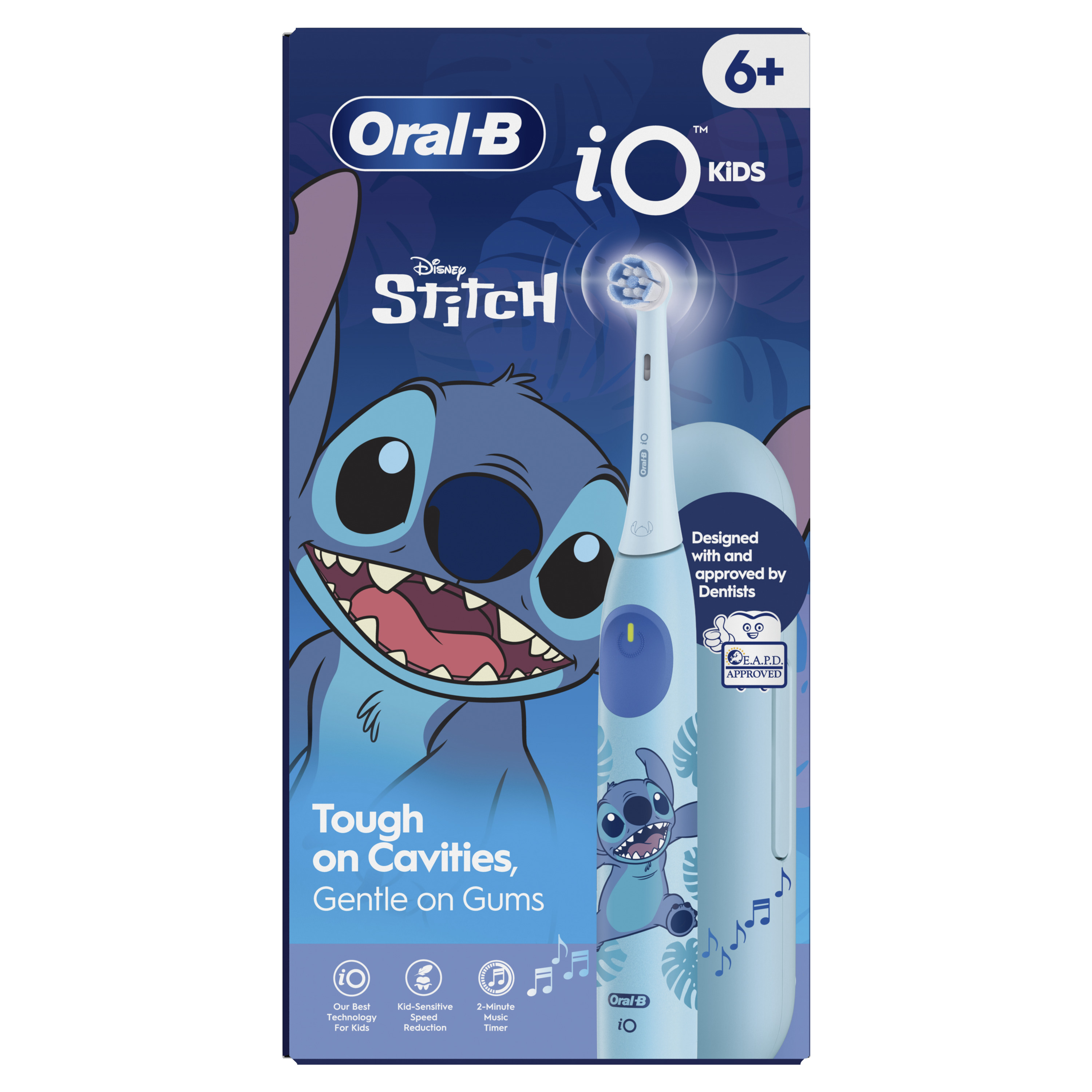 Stitch desenli Oral-B iO Kids diş fırçası kutusu. Mavi renk şeması. Metin: Tough on Cavities, Gentle on Gums.