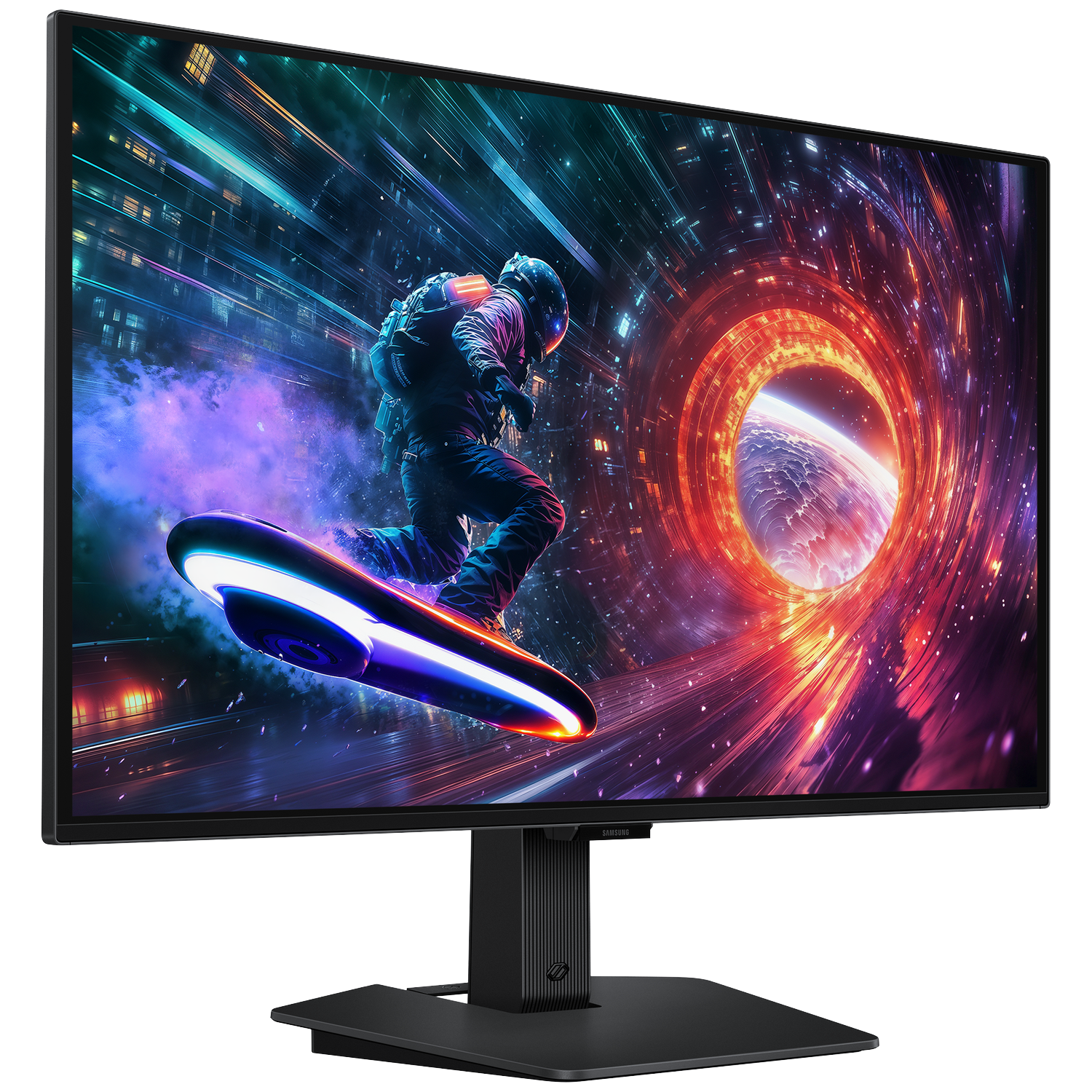 A monitor displays a space scene with an astronaut on a board. Vibrant colors and a futuristic design are visible.