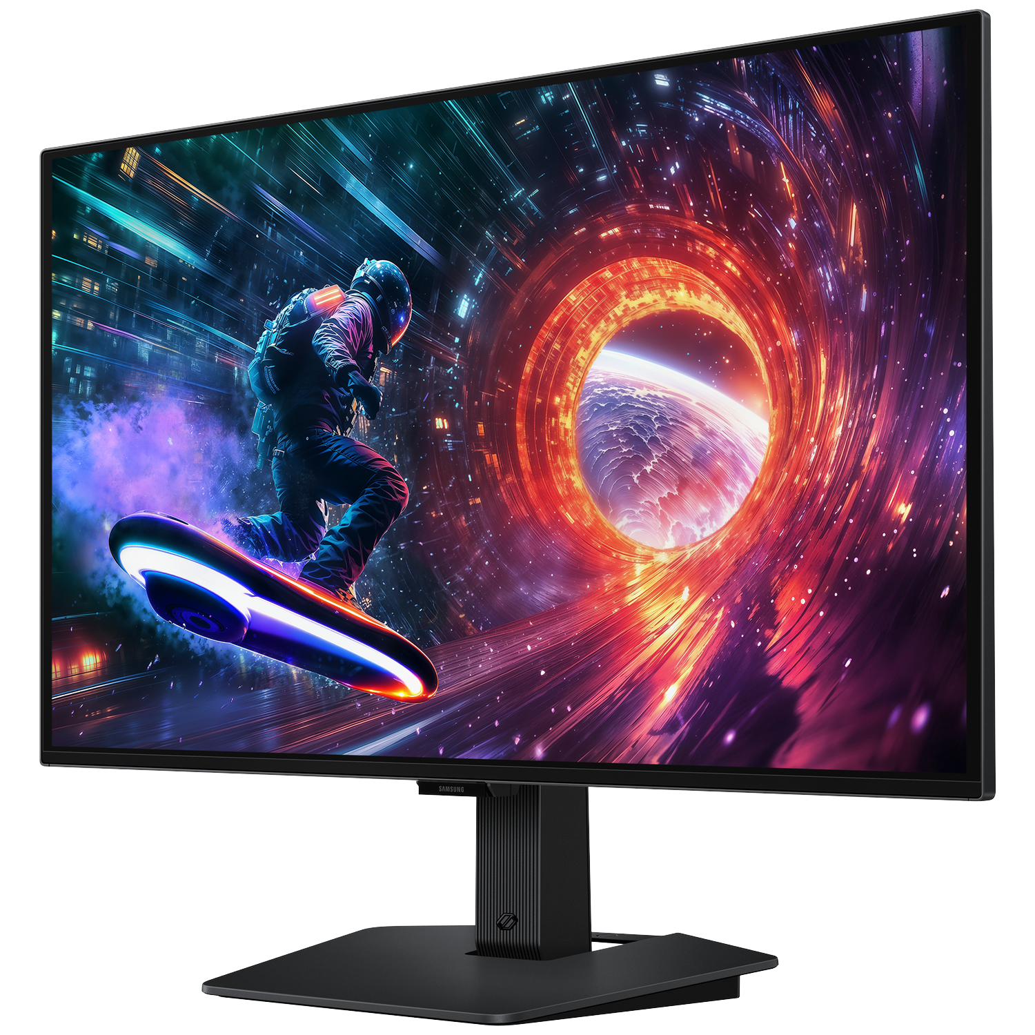A monitor displays an astronaut on a board in a space-like environment with a planet and a colorful tunnel.
