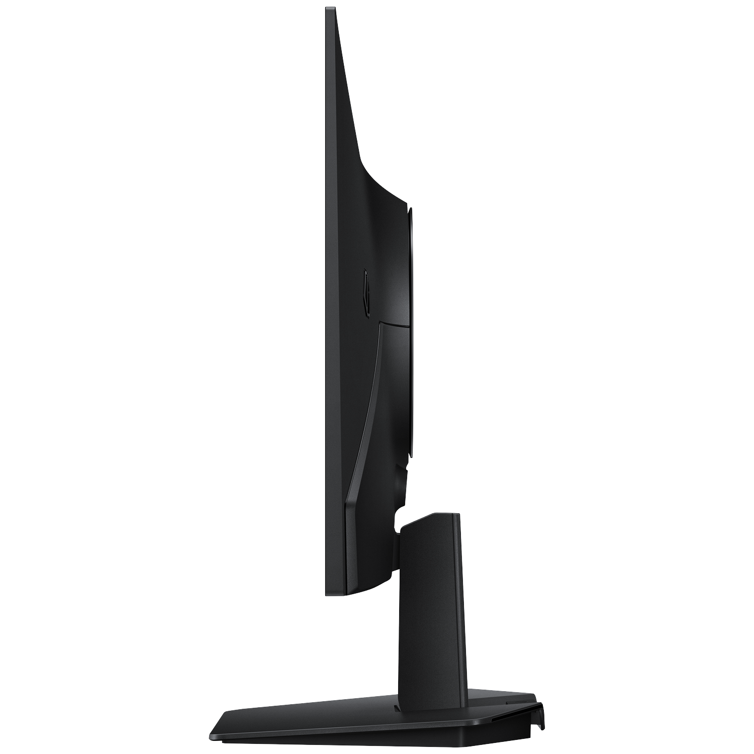 Side view of a black computer monitor. It has a rectangular screen, a stand, and is set against a white background.