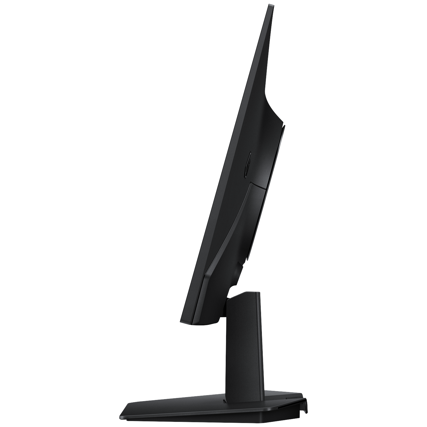 Side view of a black computer monitor on a white background. The monitor is angled slightly upwards.