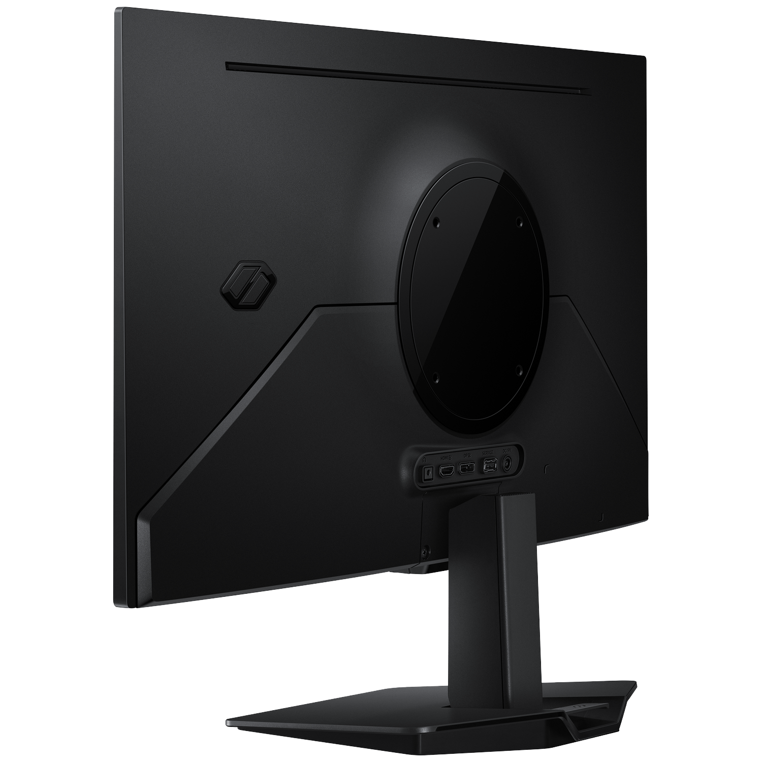 The back of a black computer monitor. It has a circular feature, ports, and a stand. The surface is textured.