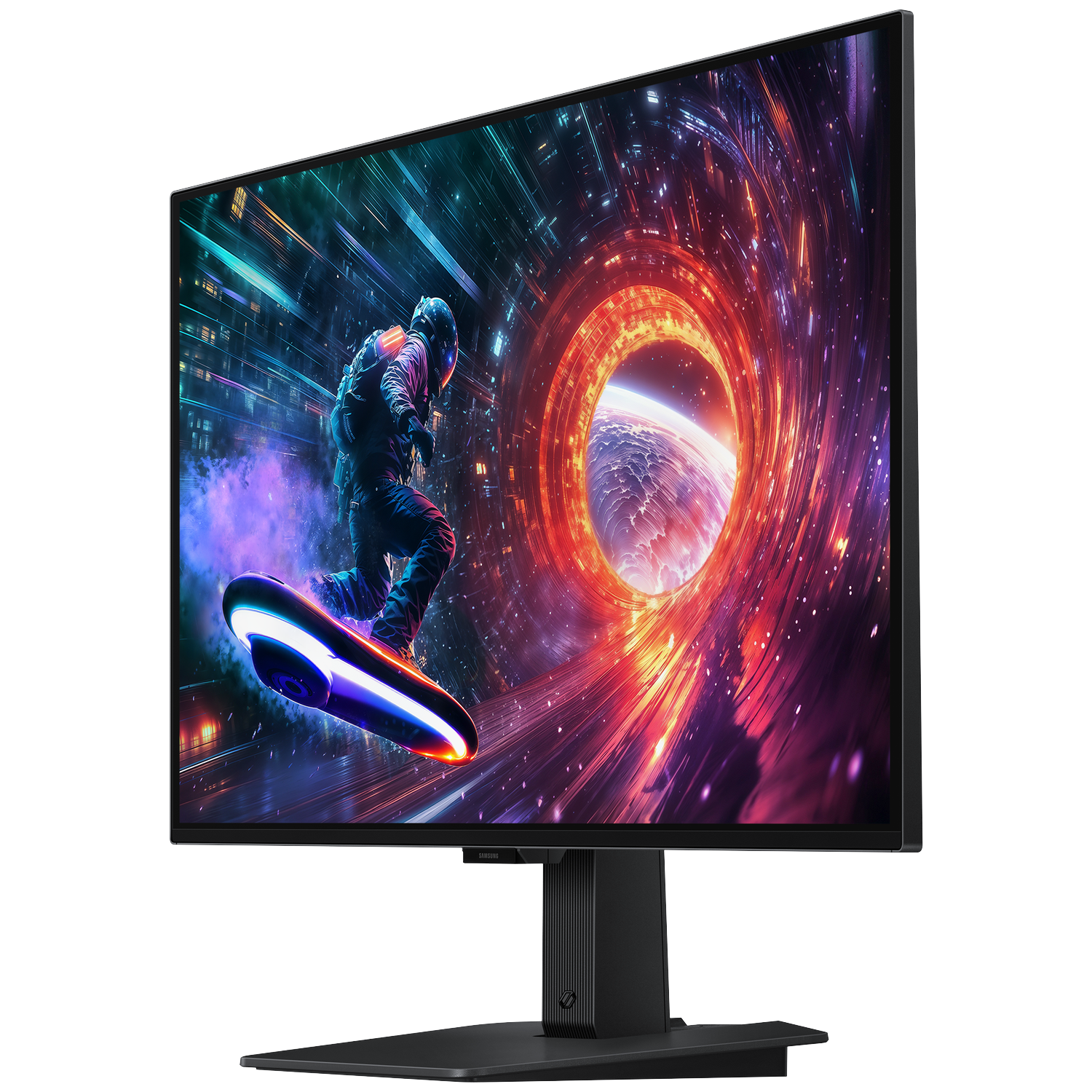 A monitor displays a space scene with a figure on a board. Colors include red, orange, and blue.