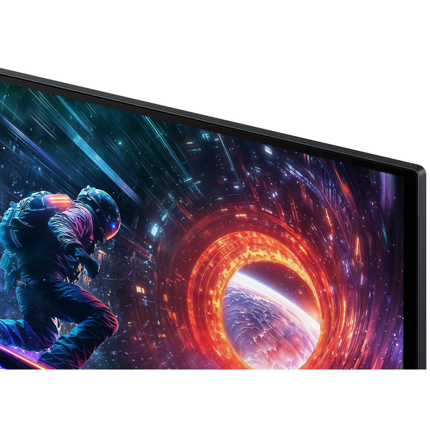 An astronaut in a spacesuit skis towards a red and orange wormhole against a background of stars and planets.