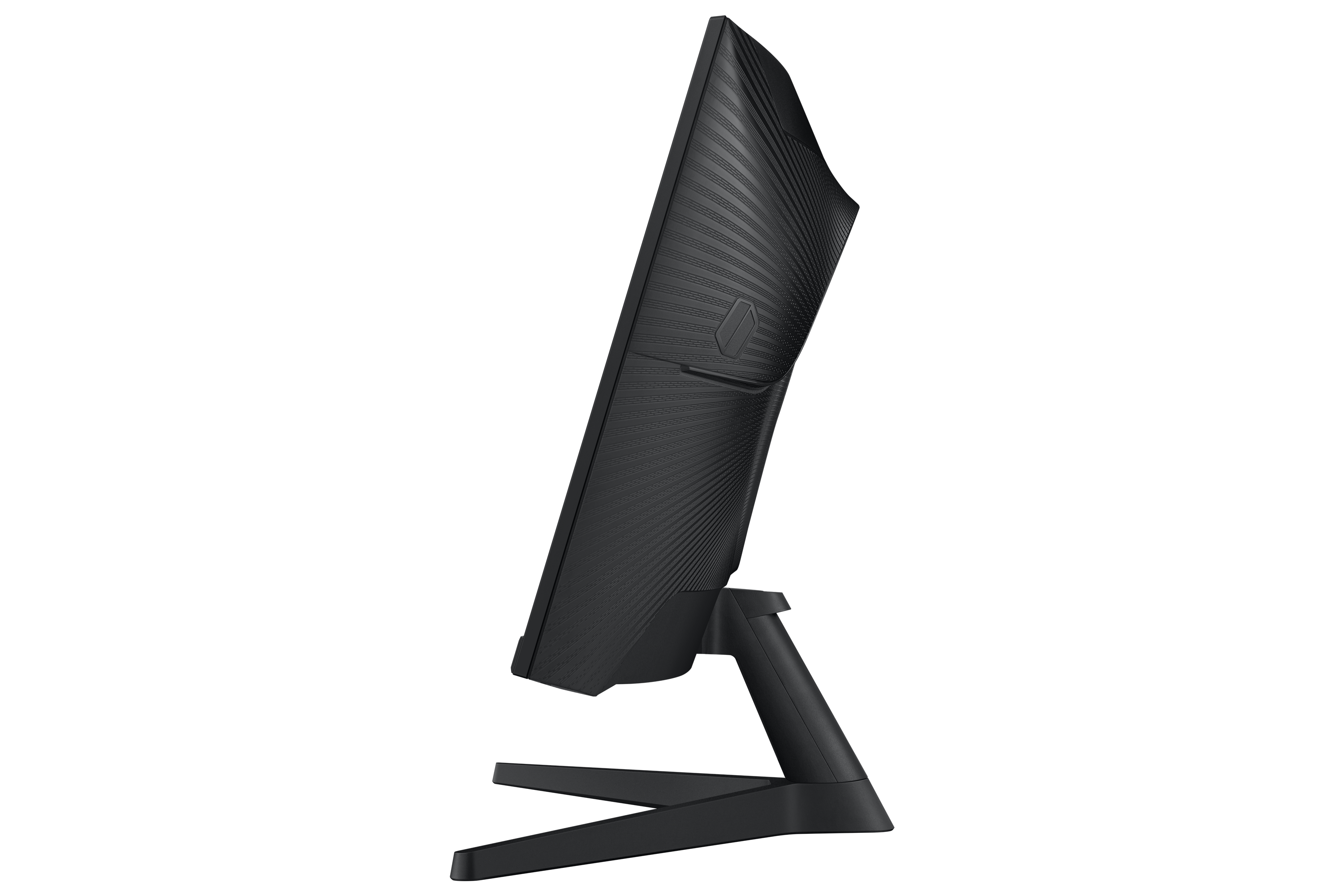 Czarny monitor jest przechylony na bok. Ma teksturowany tył i podstawkę. Tło jest czarne.