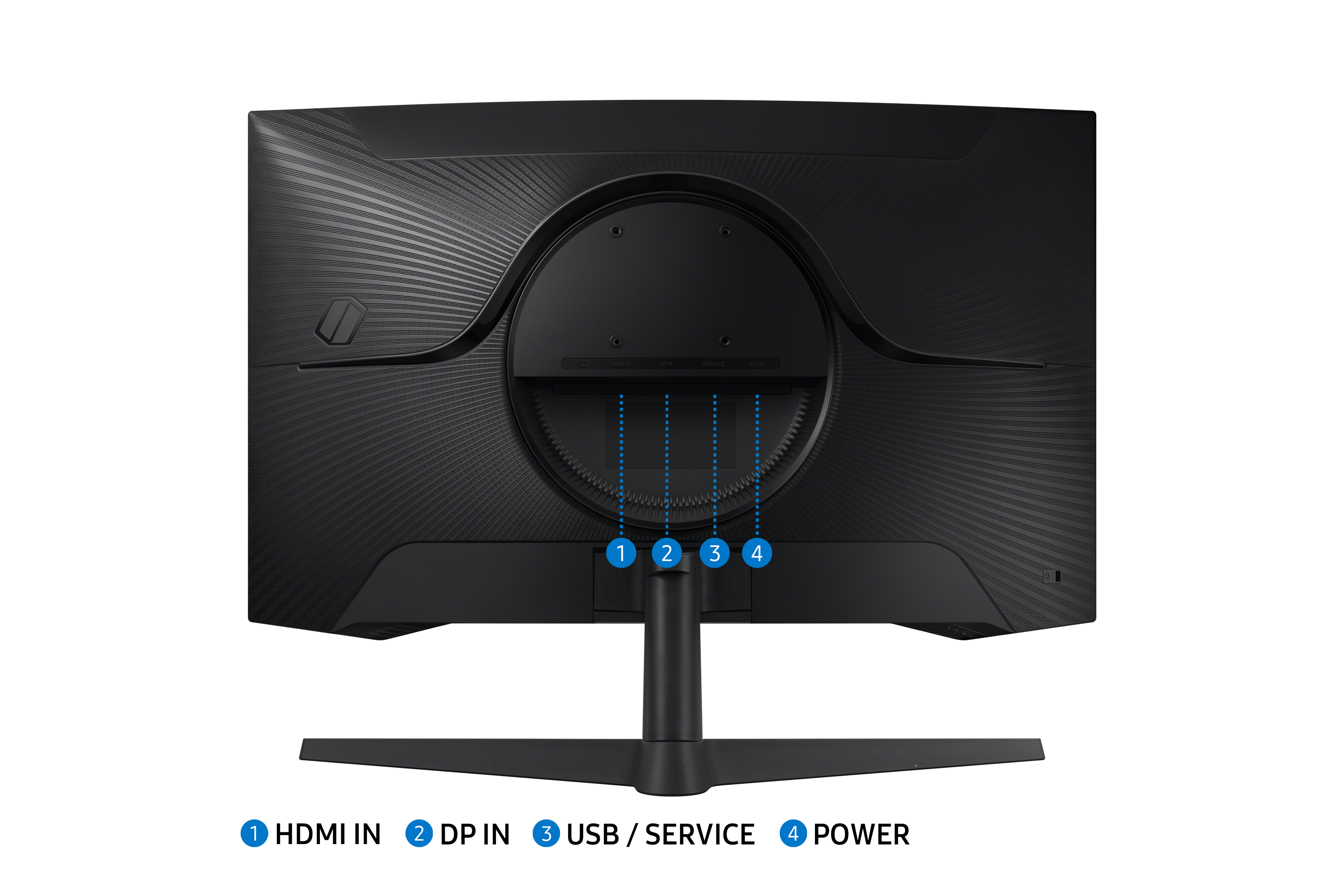 Czarny tył monitora z portami: HDMI, DP, USB i zasilaniem. Porty są oznaczone 1-4. Monitor stoi na czarnej podstawie.