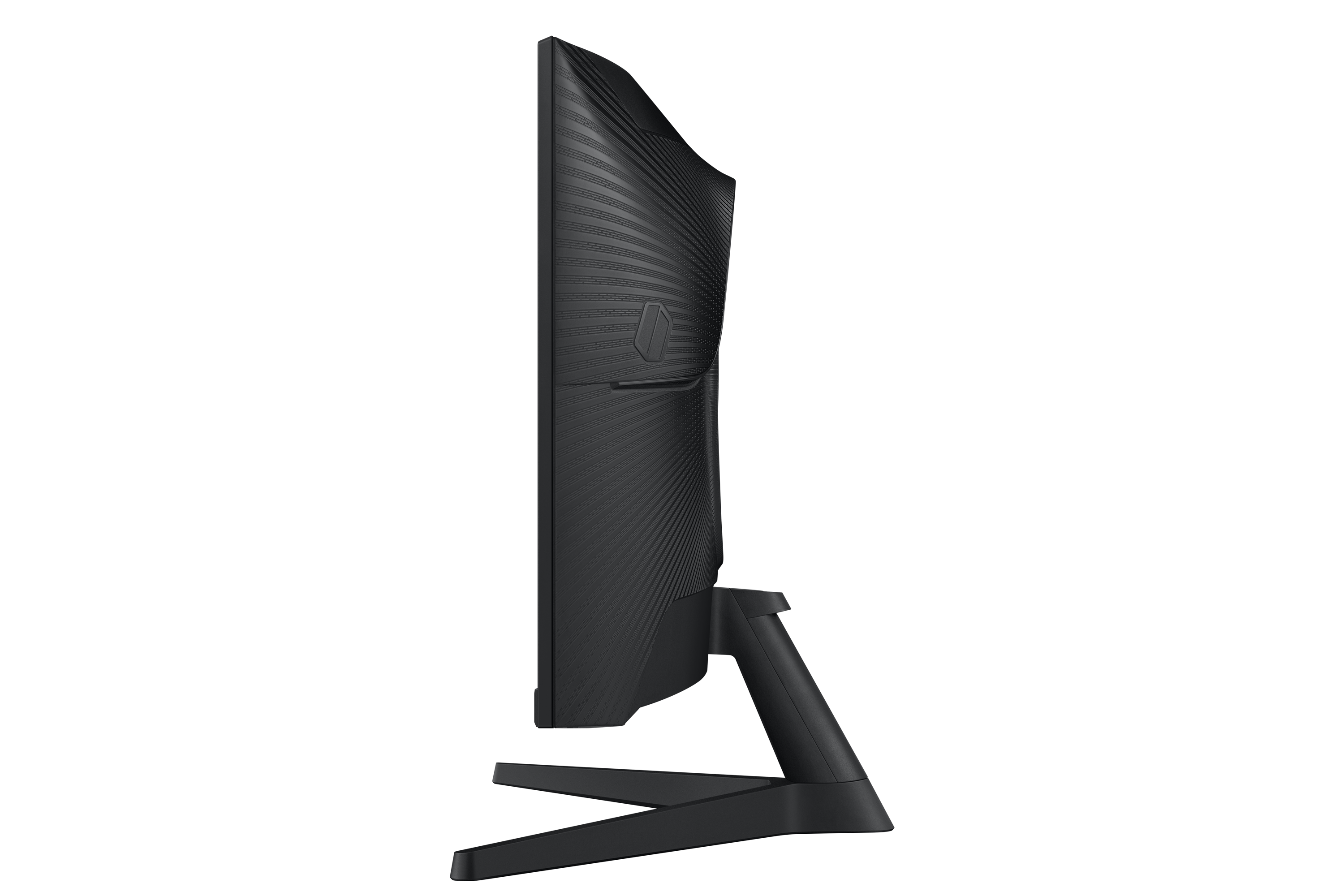 Widok z boku czarnego monitora. Ma zakrzywiony ekran, podstawę i teksturowaną powierzchnię.