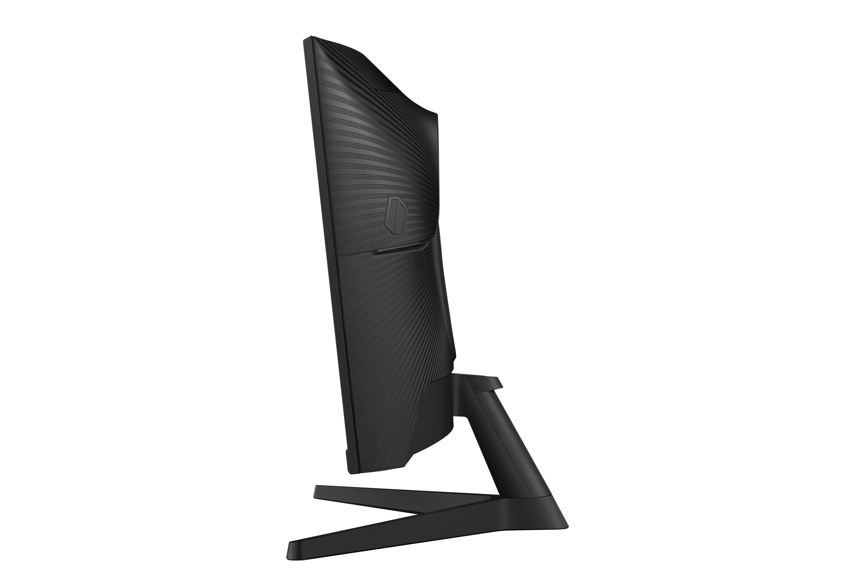 Widok z boku czarnego monitora komputera na czarnym tle. Monitor jest zakrzywiony i ma teksturowaną powierzchnię.
