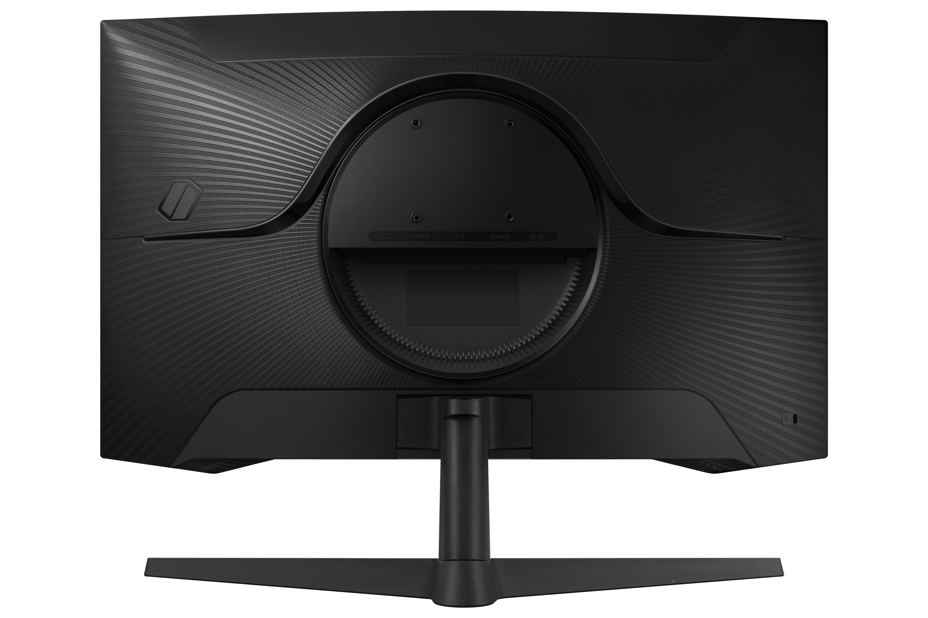 Tył czarnego monitora komputera z widocznymi portami. Projekt posiada teksturowaną powierzchnię i podstawkę.