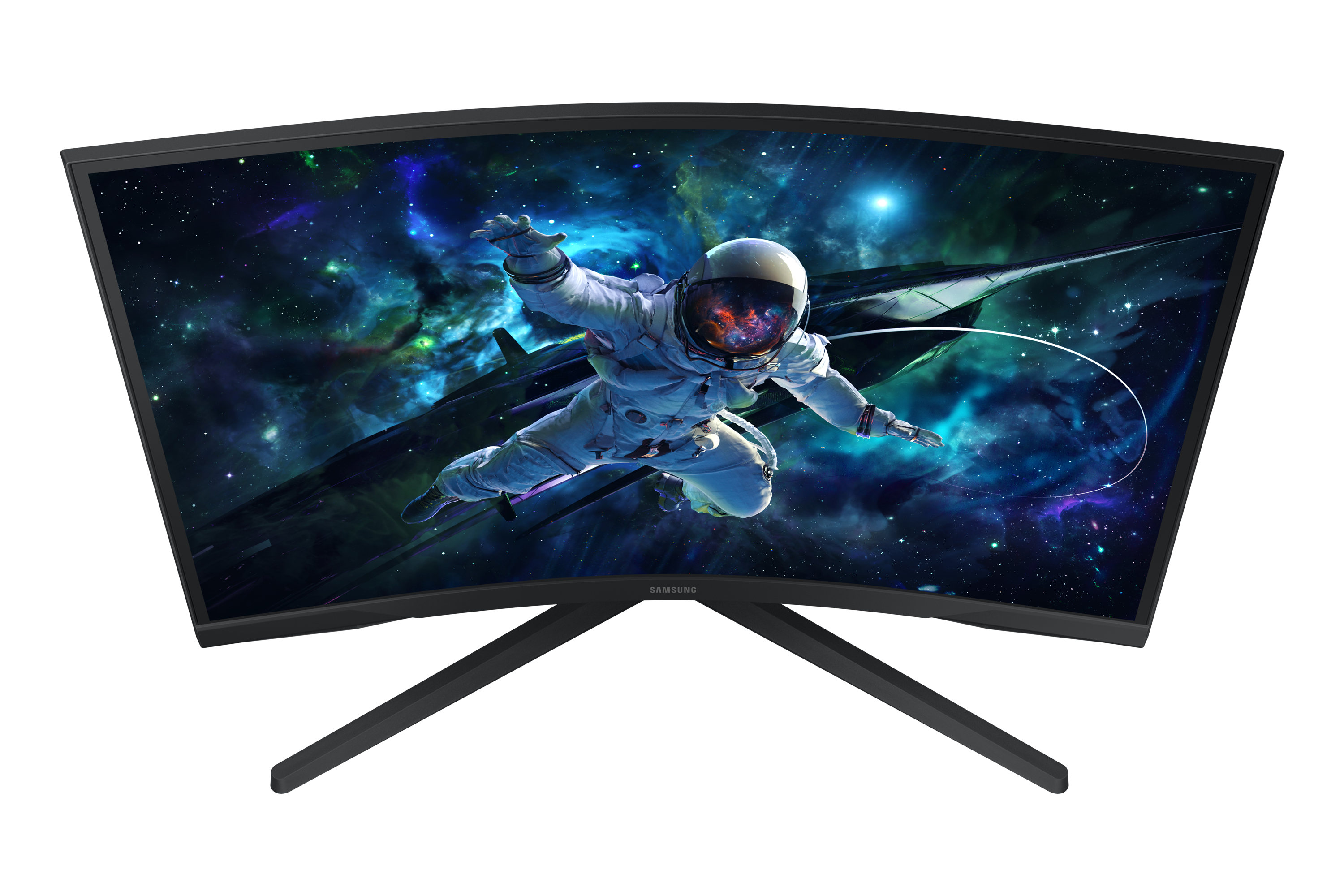 Astronauta w kosmosie na monitorze, z odrzutowcem z tyłu. Galaktyka w tle, czarna ramka i stojak.