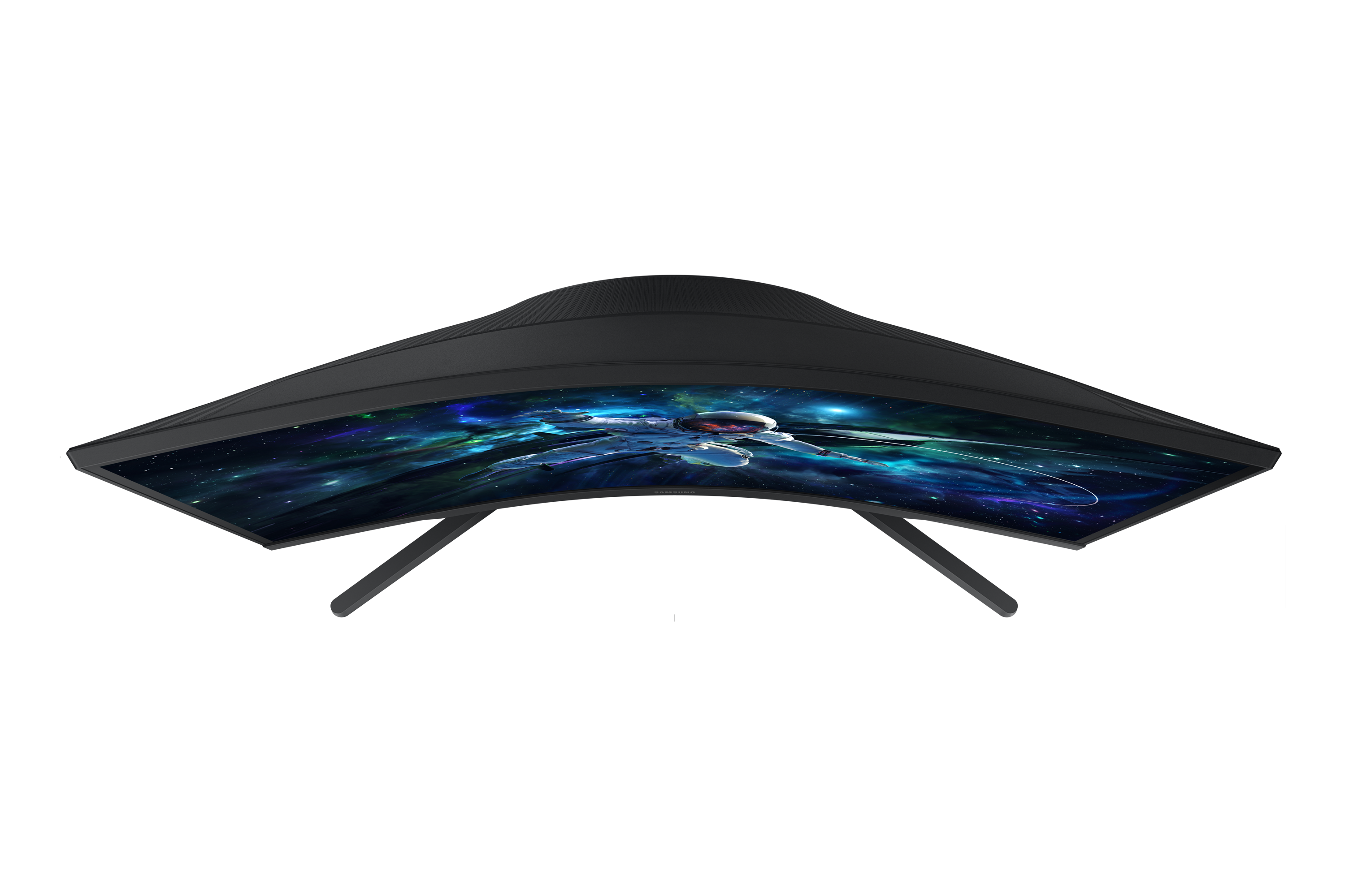 Zakrzywiony monitor wyświetlający scenę kosmiczną z statkiem kosmicznym. Czarna ramka i stojak na czarnym tle.