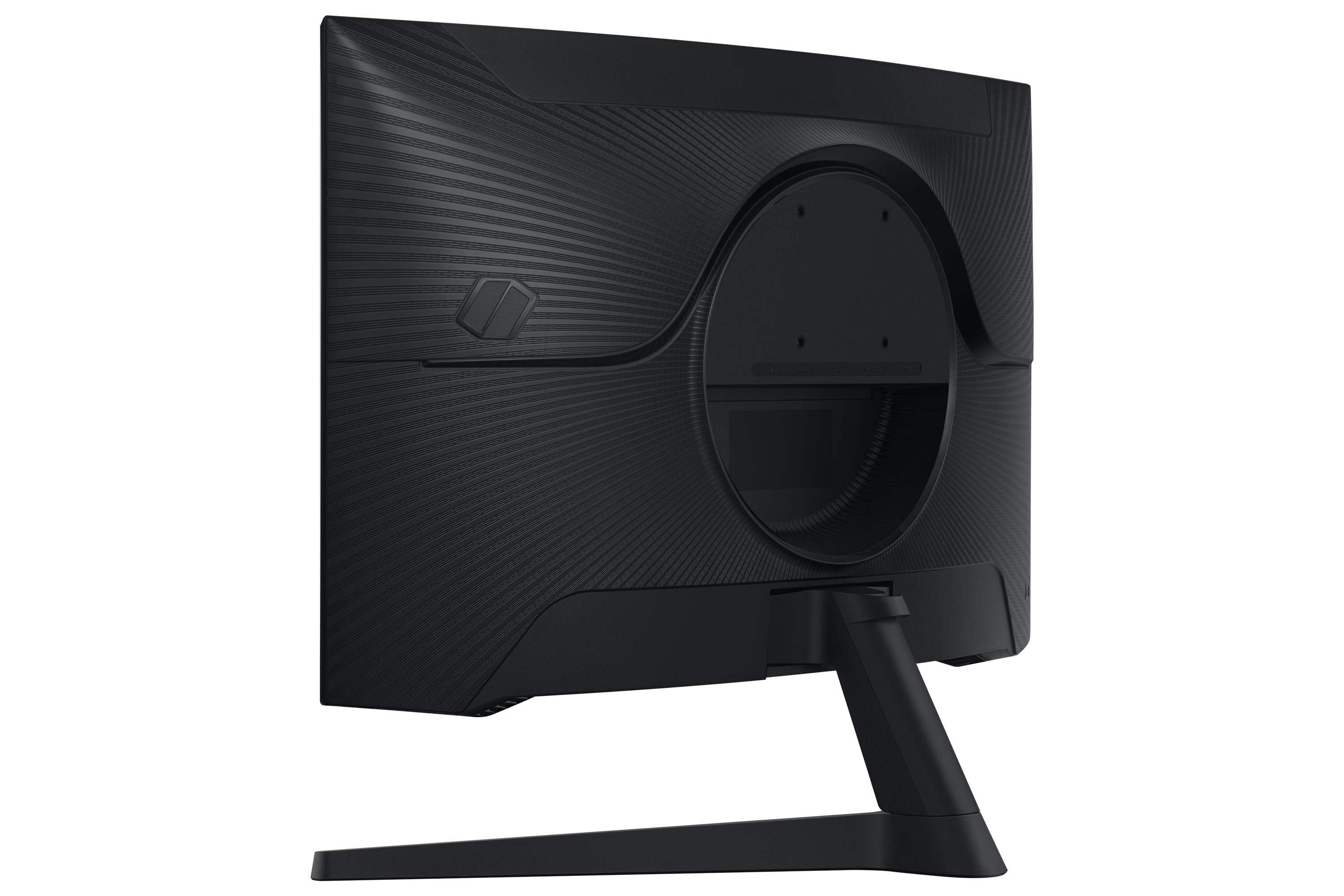 Tył czarnego monitora komputerowego. Ma teksturowaną powierzchnię i stojak.