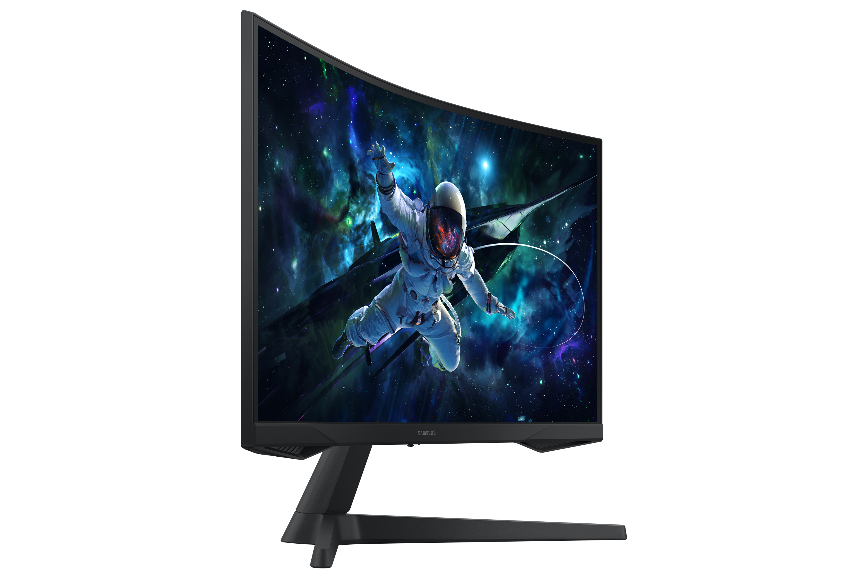 Zakrzywiony monitor pokazuje astronautę w kosmosie. Tło przedstawia mgławicę i ciemny samolot.