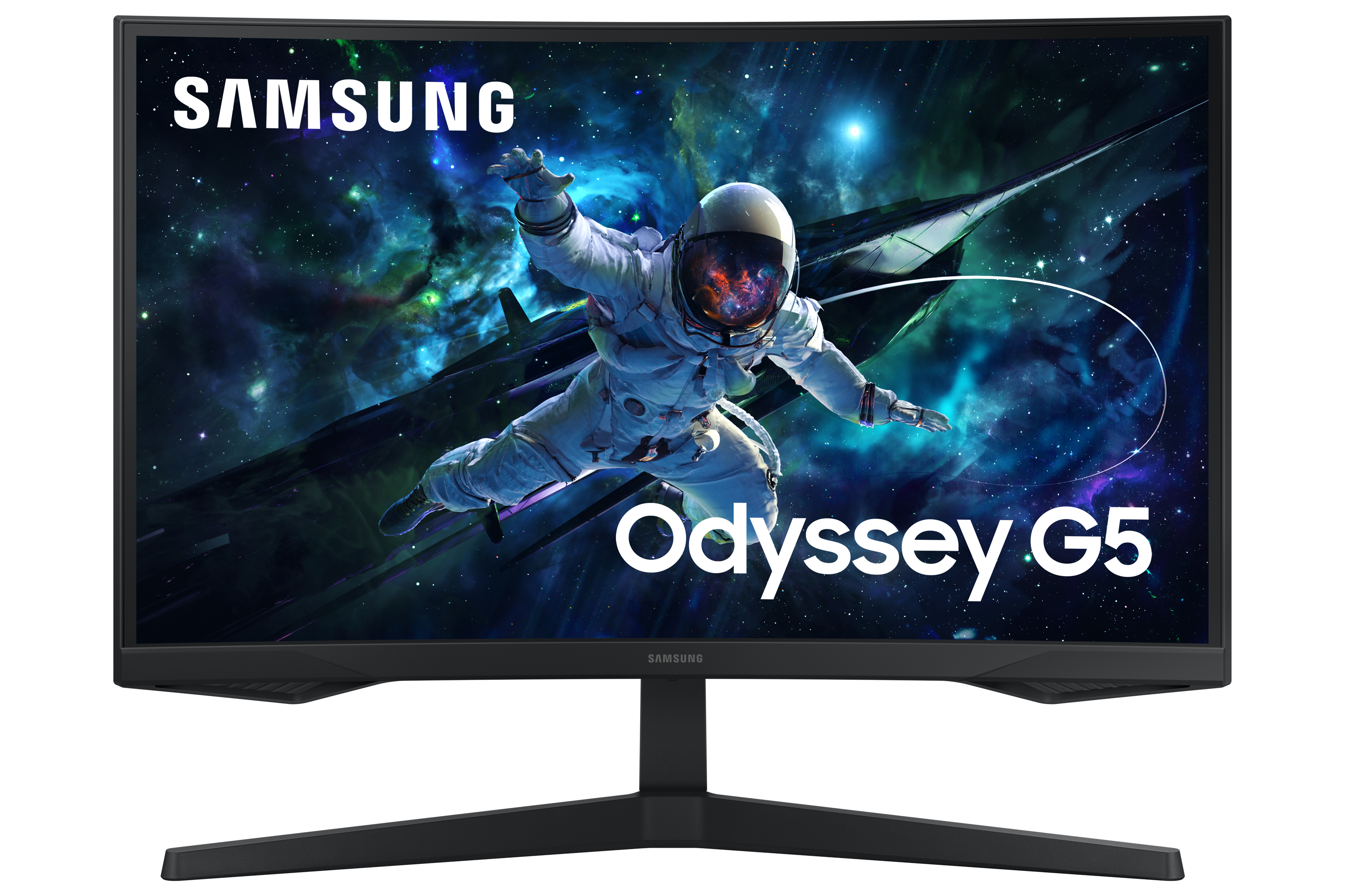 Monitor Samsung Odyssey G5 wyświetla astronautę w kosmosie. Widoczne są teksty 'Odyssey G5' i 'SAMSUNG'.