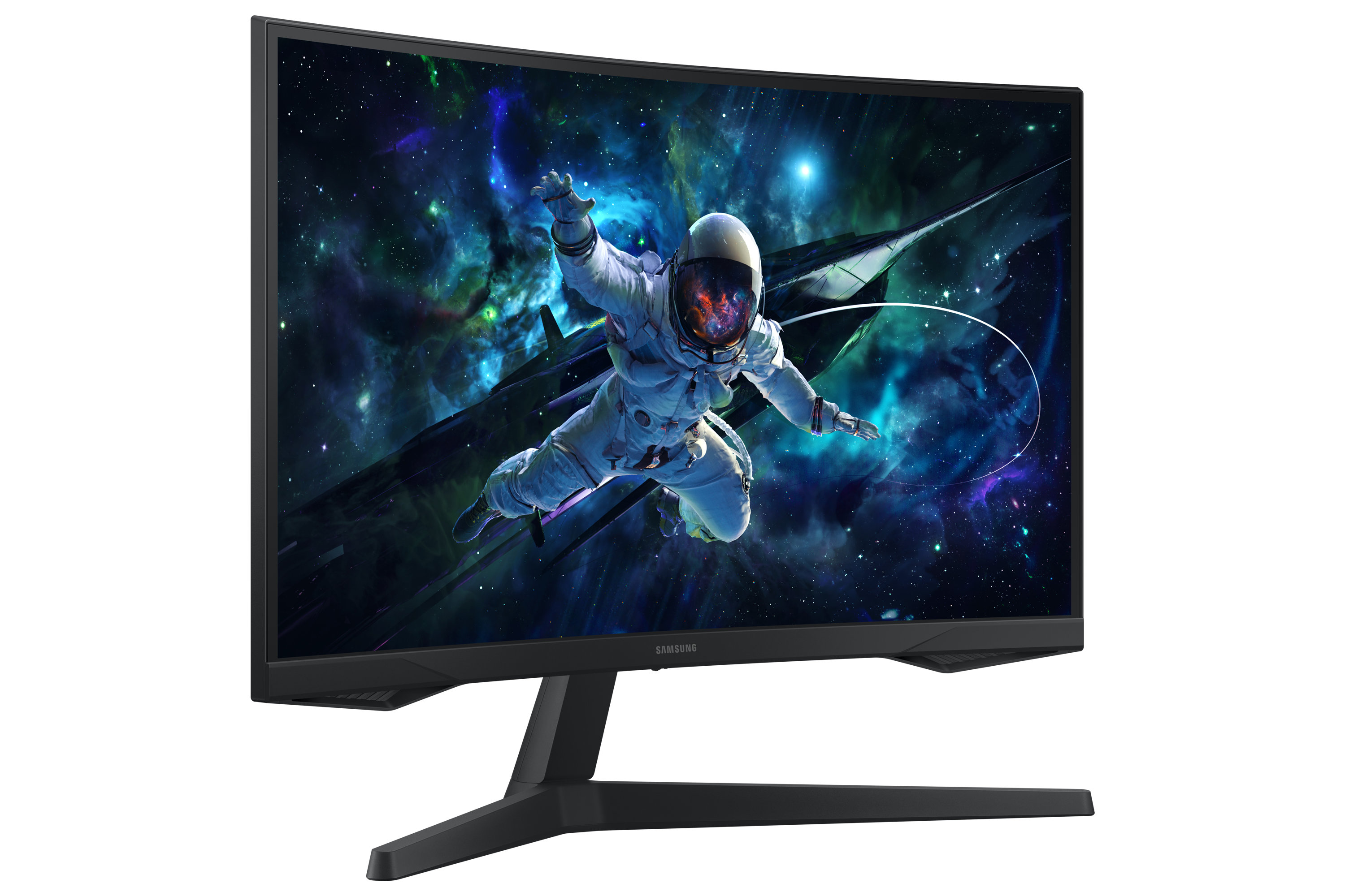 Monitor wyświetlający astronautę w kosmosie. Monitor jest czarny i ma zakrzywiony ekran.