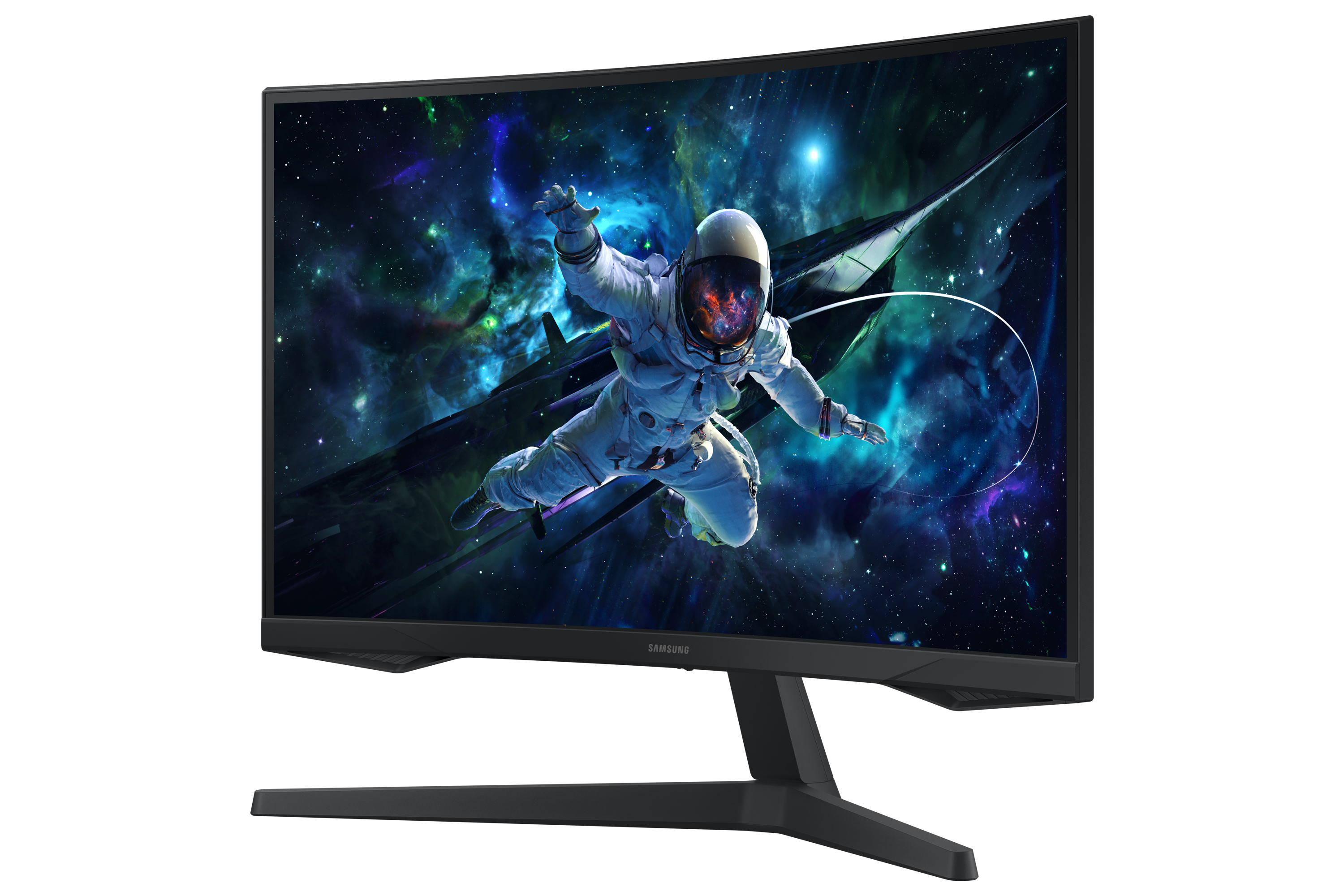 Monitor wyświetlający astronautę w kosmosie. Scena ma kosmiczne tło z ciemnym statkiem kosmicznym.