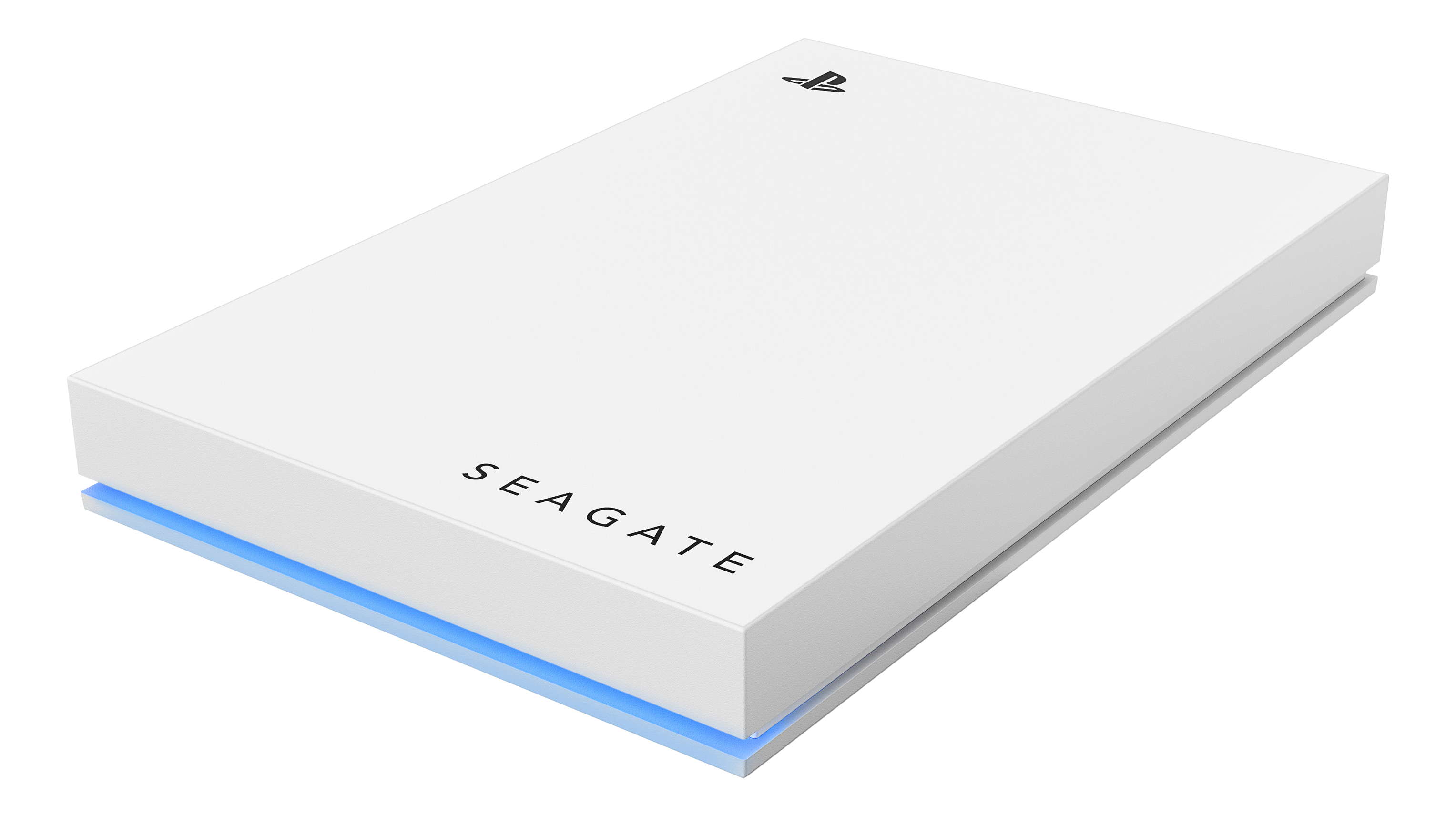 Weißes externes Seagate-Festplattenlaufwerk mit PlayStation-Logo. Unten befindet sich ein blaues Licht. Der Hintergrund ist schwarz.