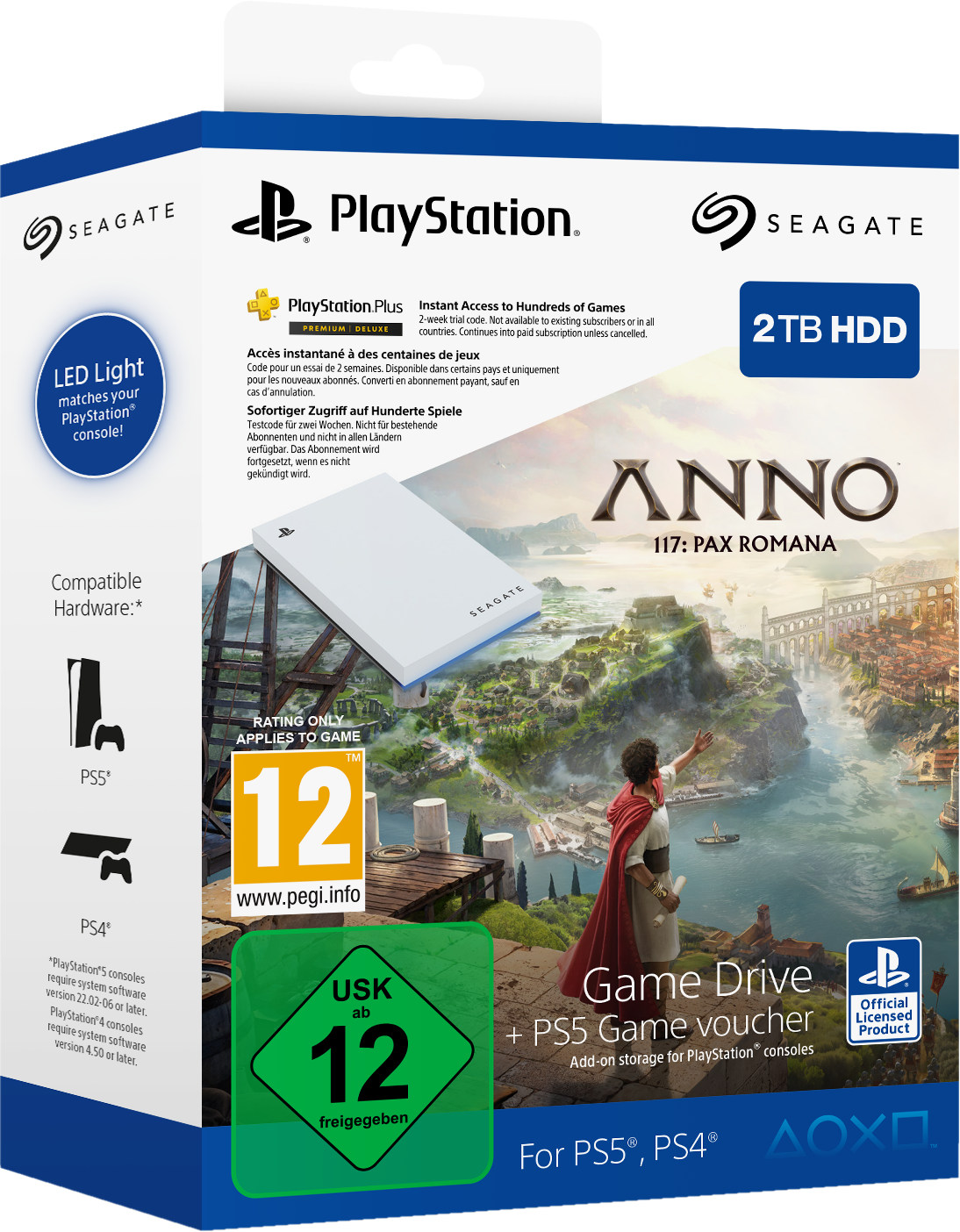 Seagate PlayStation Game Drive Box. Enthält einen Spielgutschein und ist für PS5 und PS4. Zeigt eine Spielszene.