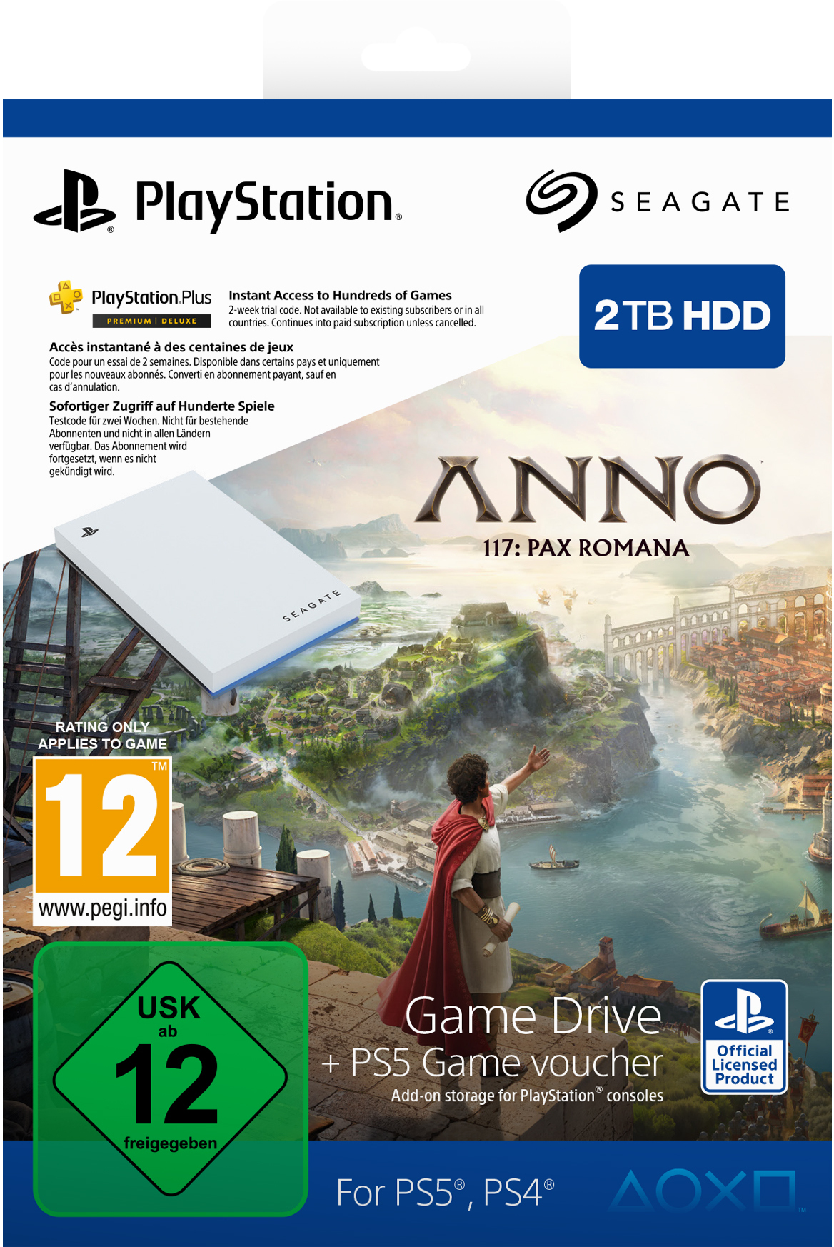 Box-Art für eine Game Drive. Mit PlayStation, Seagate Logos, dem Spieltitel ANNO und einem Mann in rotem Umhang.