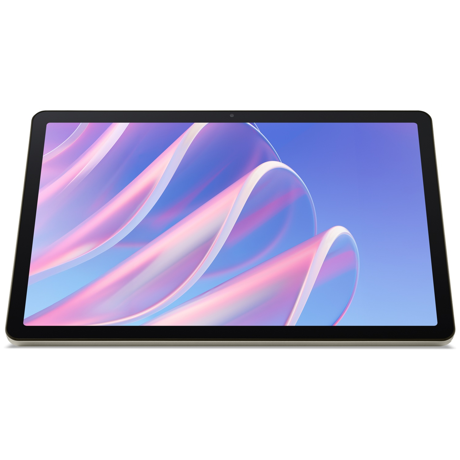 Een tablet met een zwart scherm en een gouden frame wordt in een lichte hoek weergegeven. Het scherm toont roze en blauwe golven.