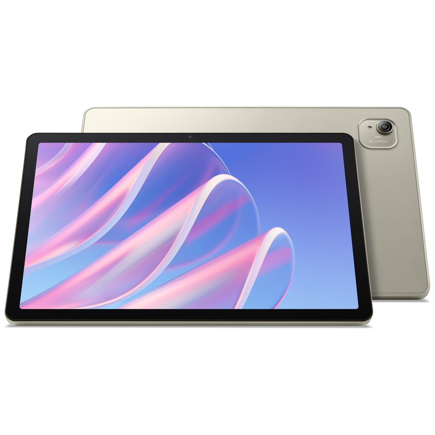 Twee tablets, een vooraan, met een wervelend abstract ontwerp met blauwe en roze tinten. De andere staat erachter en toont de achterkant.