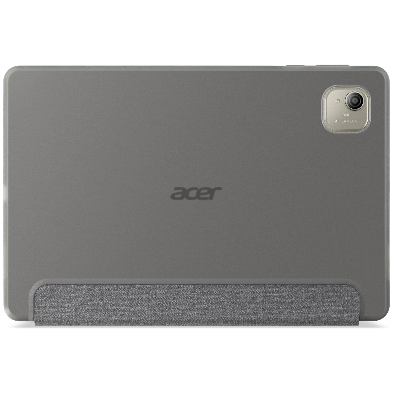 De achterkant van een grijze Acer tablet met camera, Acer-logo en stoffen hoes.