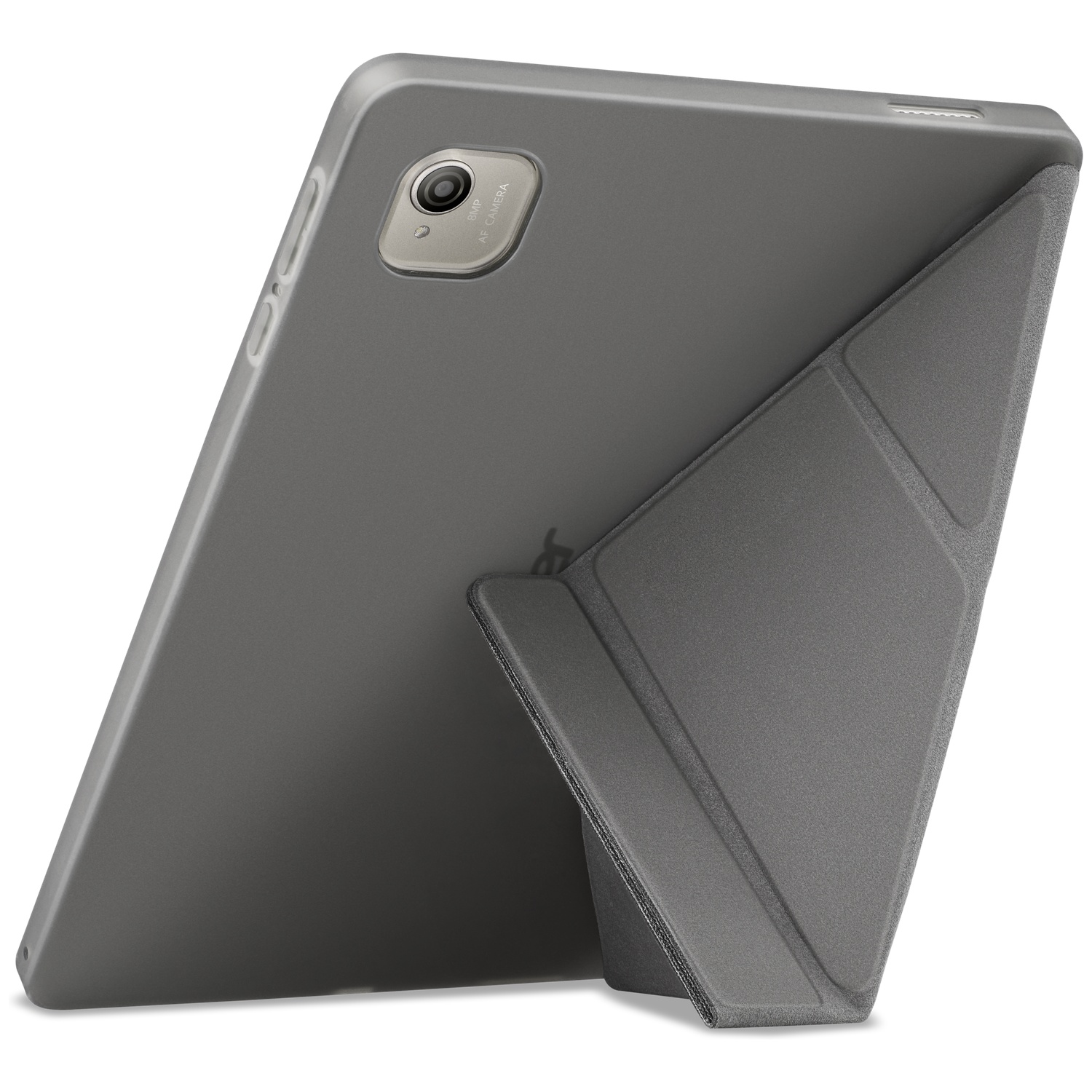 Een grijze tablet in een grijze hoes is omhoog gezet. De hoes vouwt om als standaard te dienen. De tablet heeft een camera aan de achterkant.