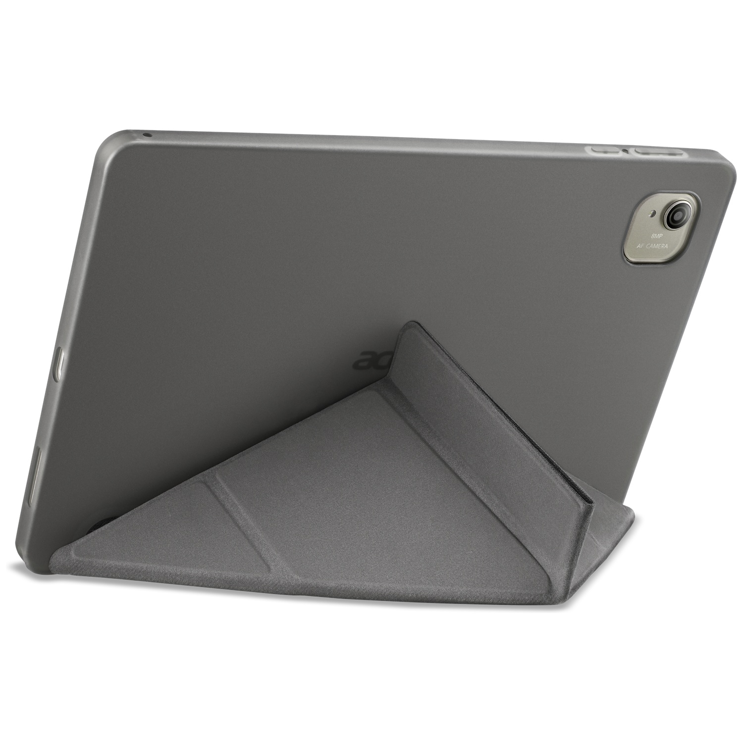 Een grijze tablet die wordt ondersteund door een standaard. De tablet heeft een Acer-logo en een camera aan de achterkant.