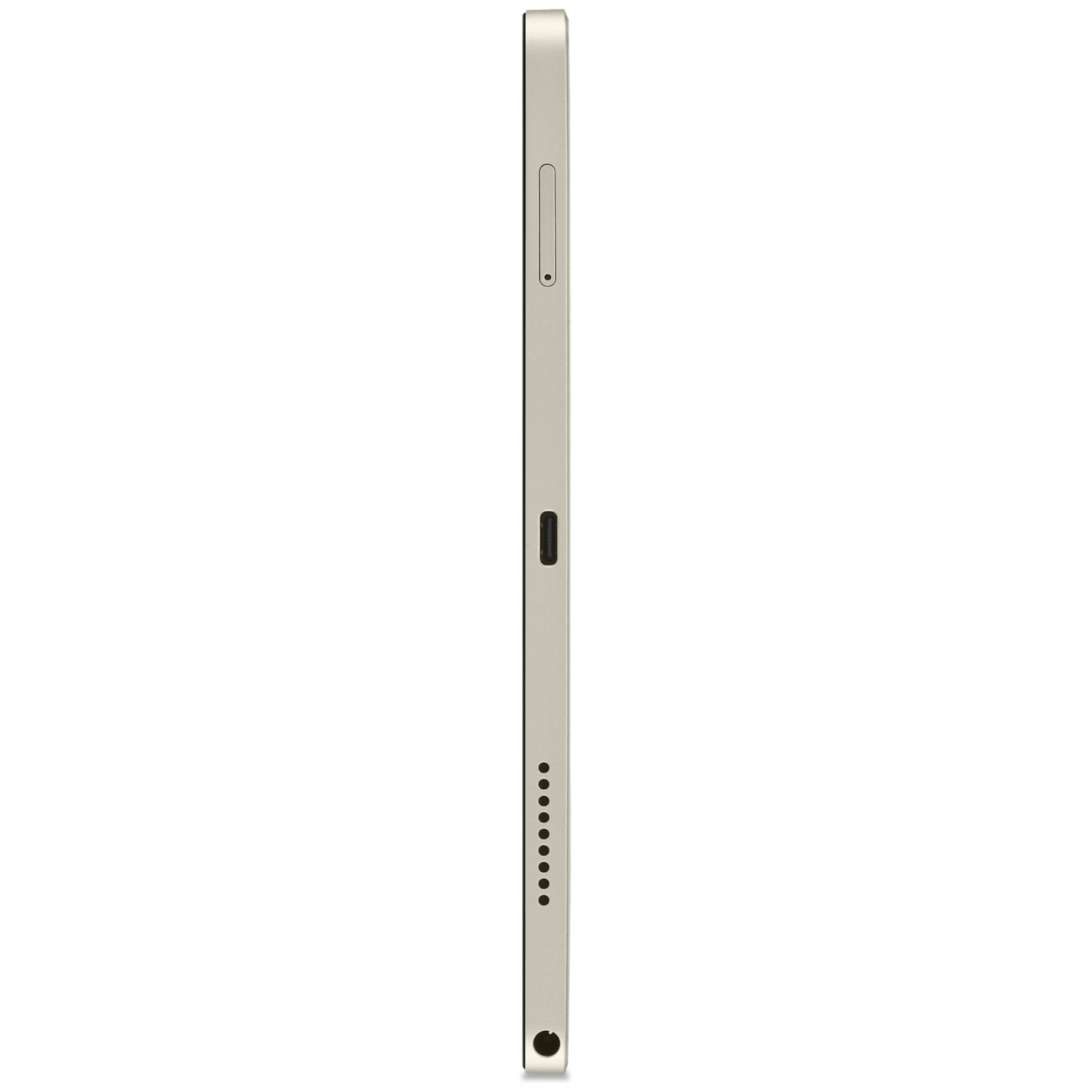 Zijaanzicht van een tablet. Het is goudkleurig met een donkere knop, een sleuf, een klein gaatje en verschillende kleine gaatjes aan de onderkant.