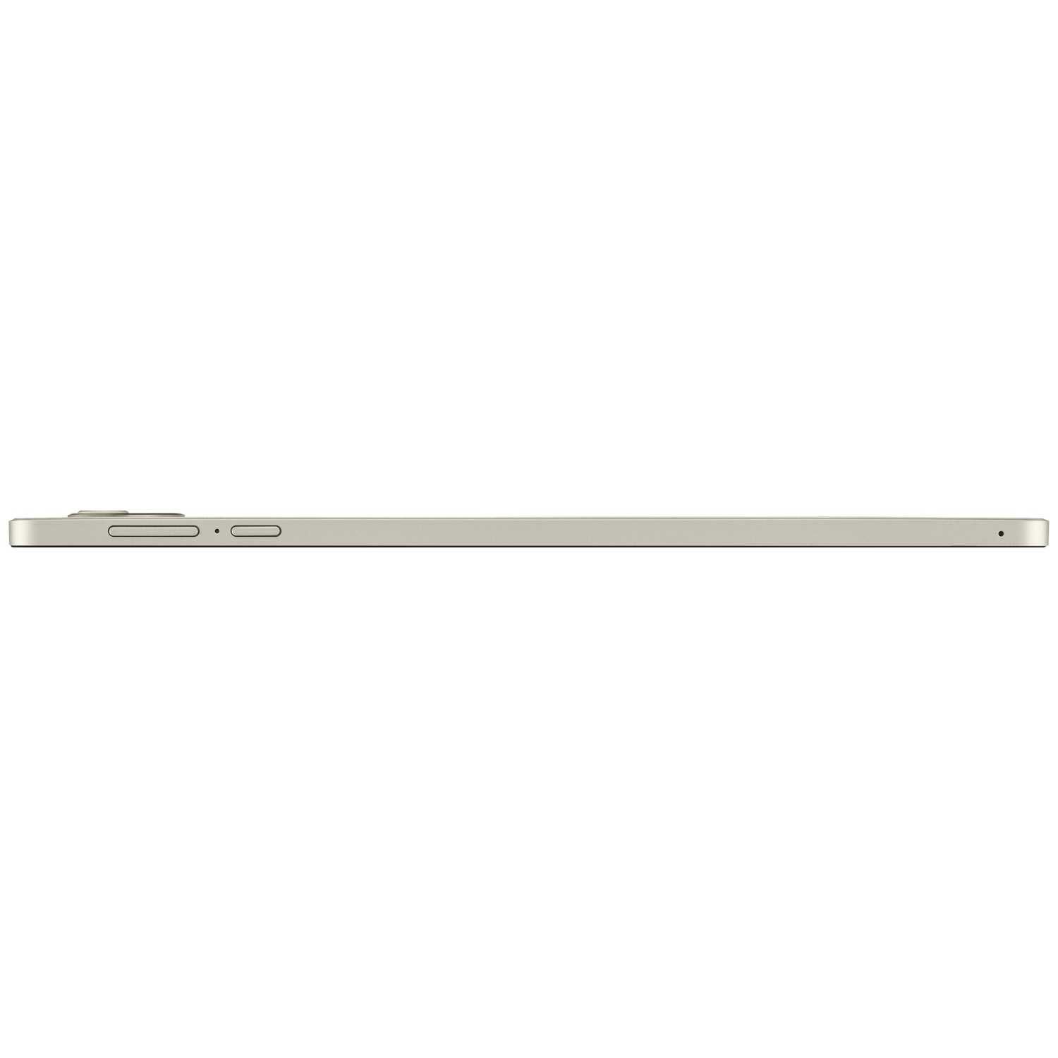 Zijaanzicht van een lichtbeige tablet. Het heeft knoppen aan de zijkant en een kleine stip. De achtergrond is wit.