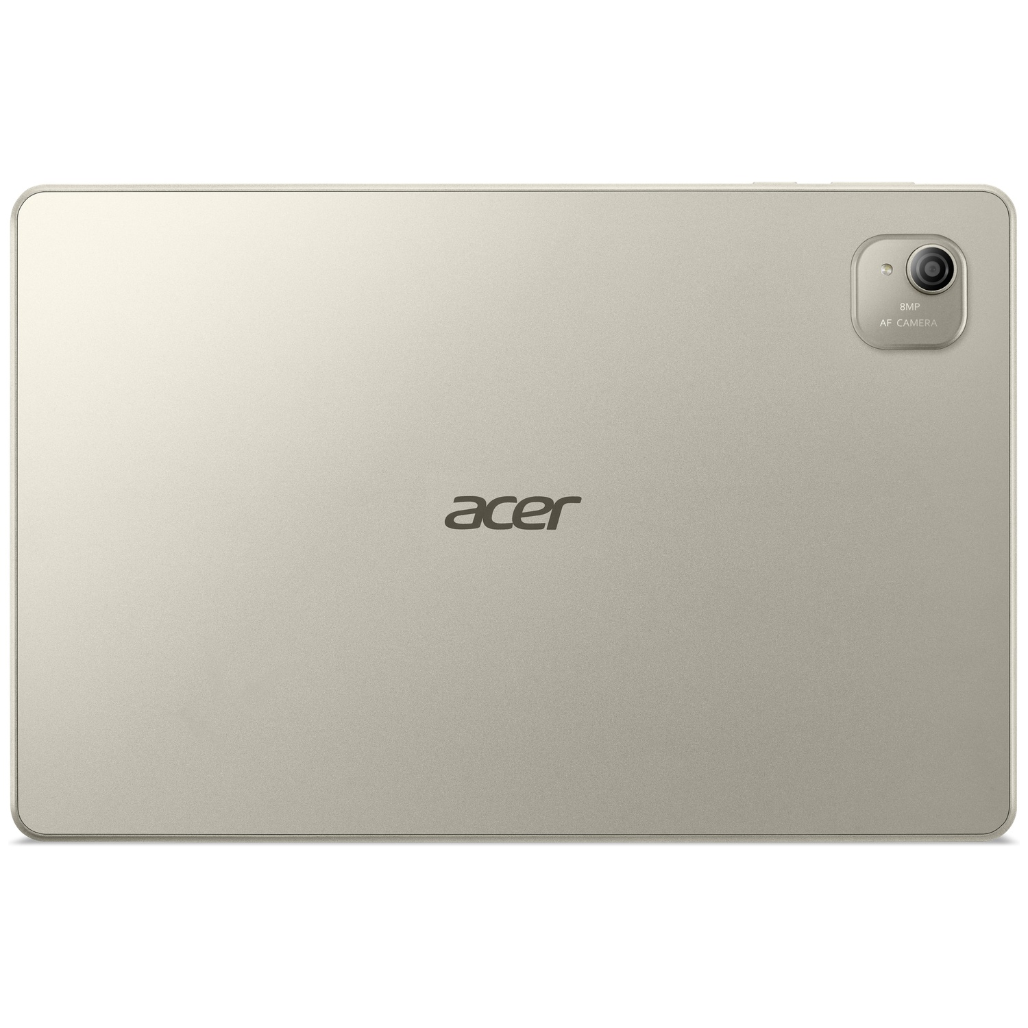 De achterkant van een gouden Acer-tablet. Het heeft een camera rechtsboven en het Acer-logo in het midden.