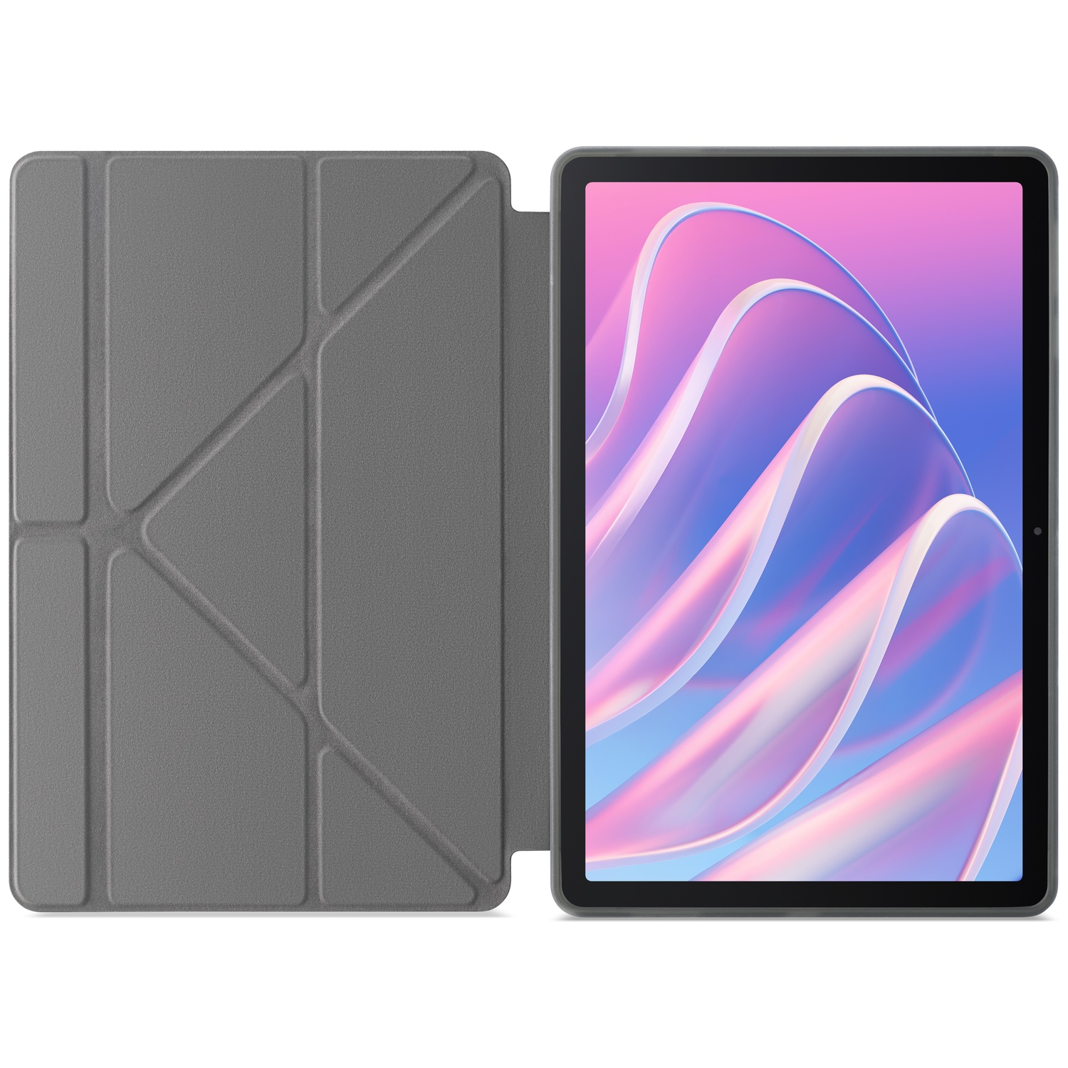 Tablet met open grijze hoes, onthult een scherm met abstracte roze en blauwe golven.