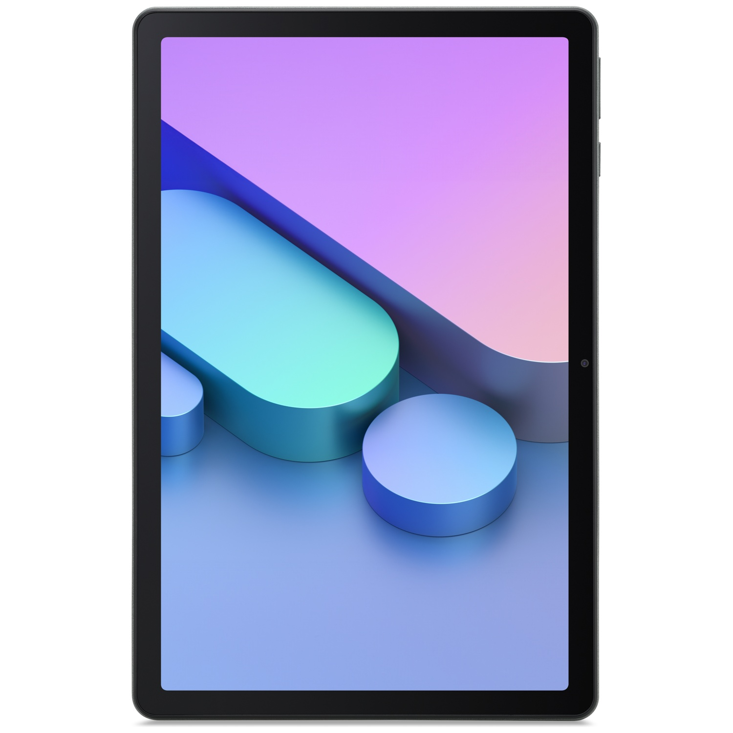 Tablet met zwart frame, met kleurrijke abstracte vormen: blauwe cilinders en een paars-blauwe achtergrond.