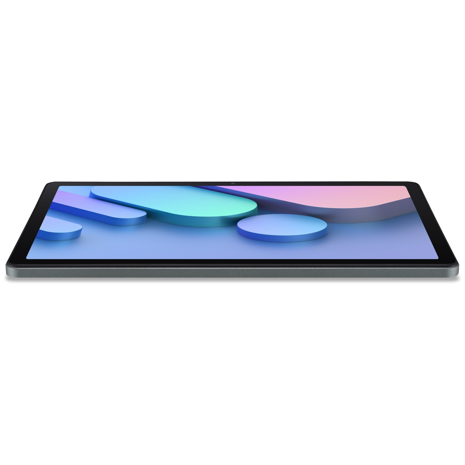 Tablet op witte achtergrond. Scherm toont abstracte vormen van blauw, turquoise en roze. Tablet heeft een donkergrijs frame.