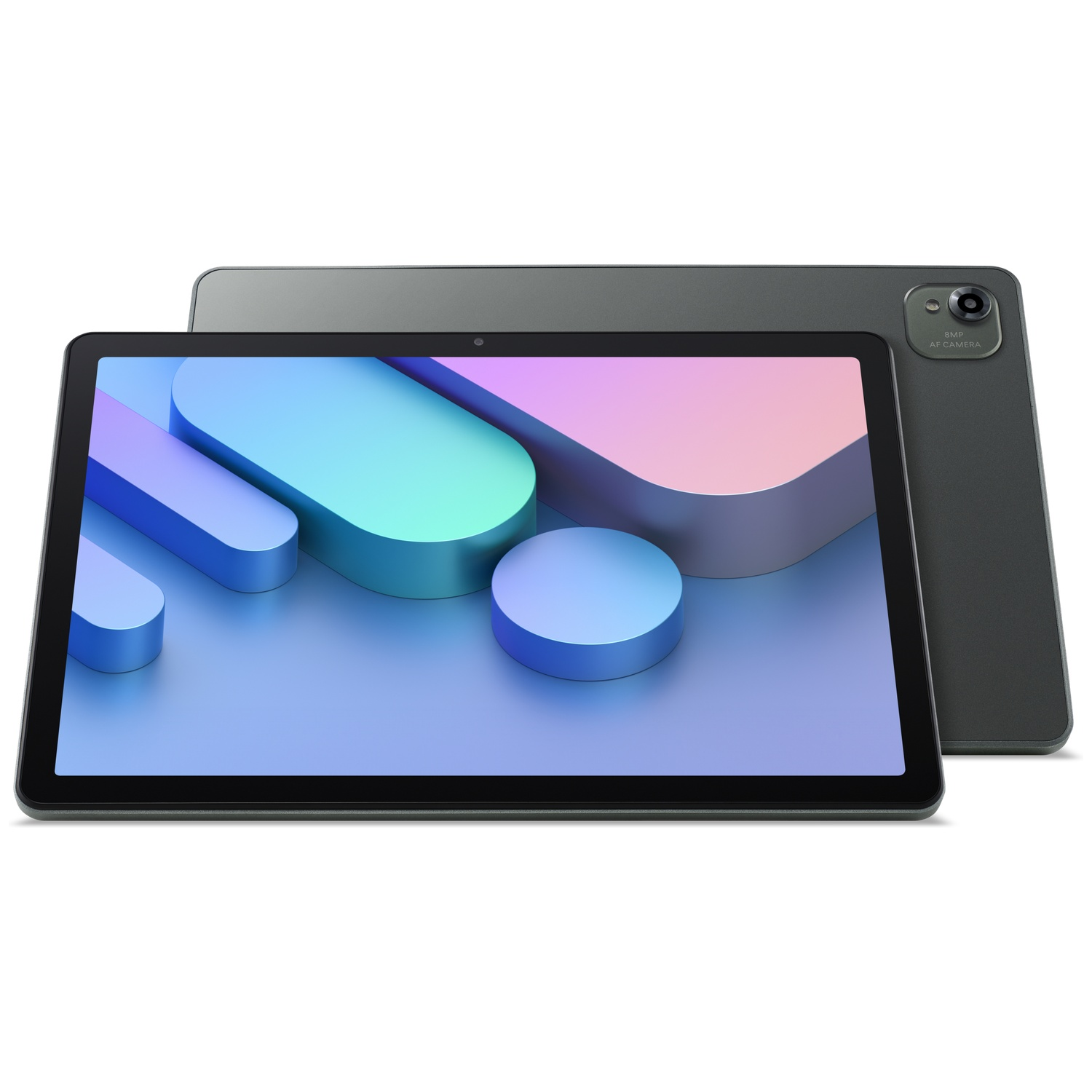 Twee tablets, één vooraan met abstracte vormen in blauw, roze en wit. De achterste tablet is grijs, met een camera.