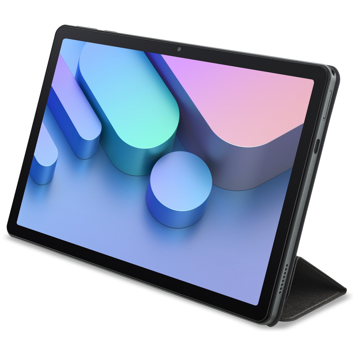 Tablet met zwart frame en scherm met abstracte blauwe en roze vormen. Ligt op een wit oppervlak met een hoes.