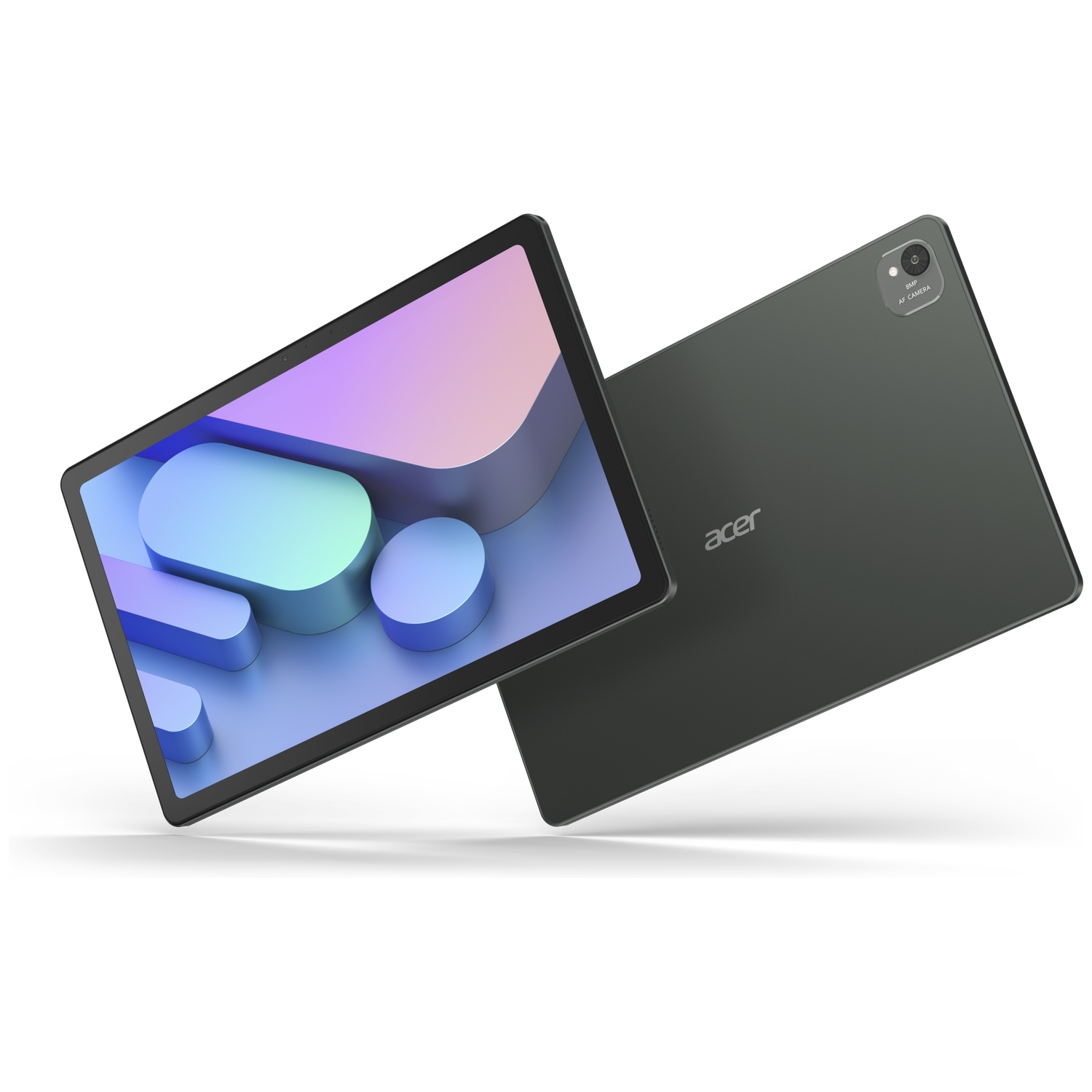 Twee Acer tablets, een met een kleurrijke abstracte afbeelding, en een met de achterkant. Beide zijn grijs op een witte achtergrond.