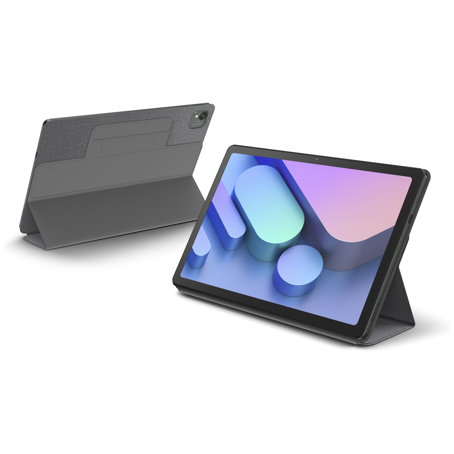 Tablet met een hoes, één opgezet, de andere open. Het scherm toont blauwe en paarse vormen. Grijze hoes op witte achtergrond.
