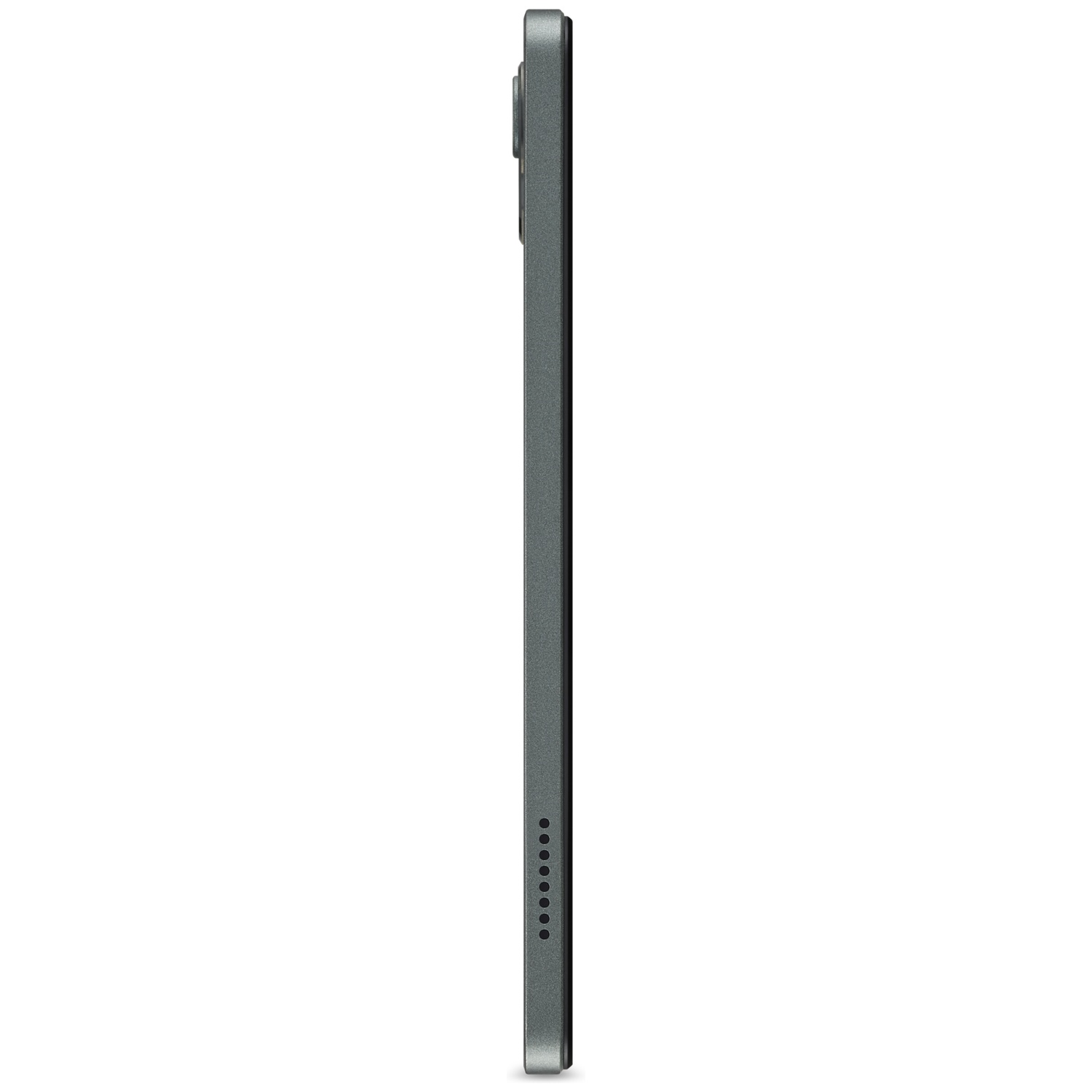 Zijaanzicht van een donkergrijze tablet. De rand toont een camera, een rij stippen en een aan/uit-knop.
