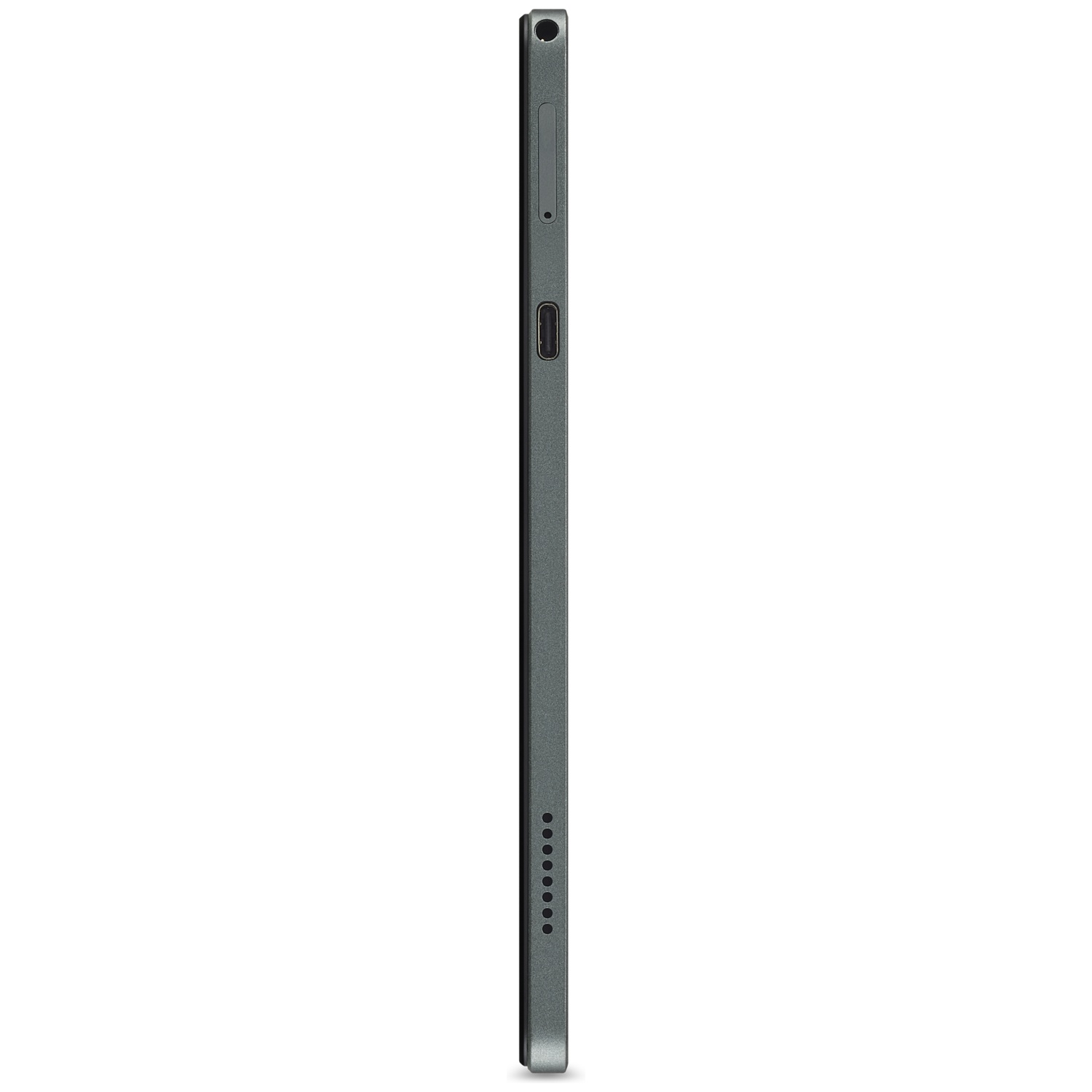Zijaanzicht van een donkergrijze tablet. De zijkant toont een aan/uit-knop, een oplaadpoort en luidsprekergaten.