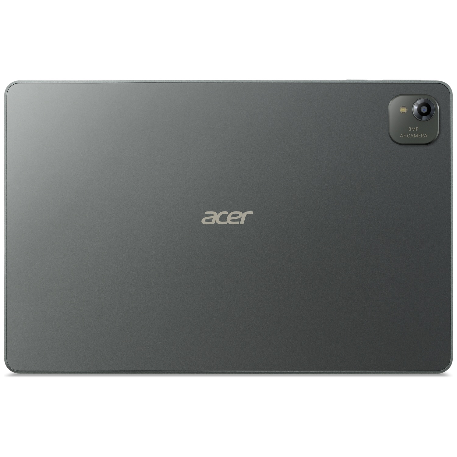 De achterkant van een grijze Acer tablet. Het heeft een camera rechtsboven, het Acer-logo in het midden en een glad oppervlak.