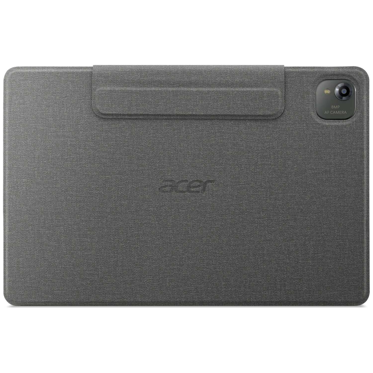 Een grijze Acer-tablet met hoes. De camera is rechts zichtbaar. Het Acer-logo staat onderaan.